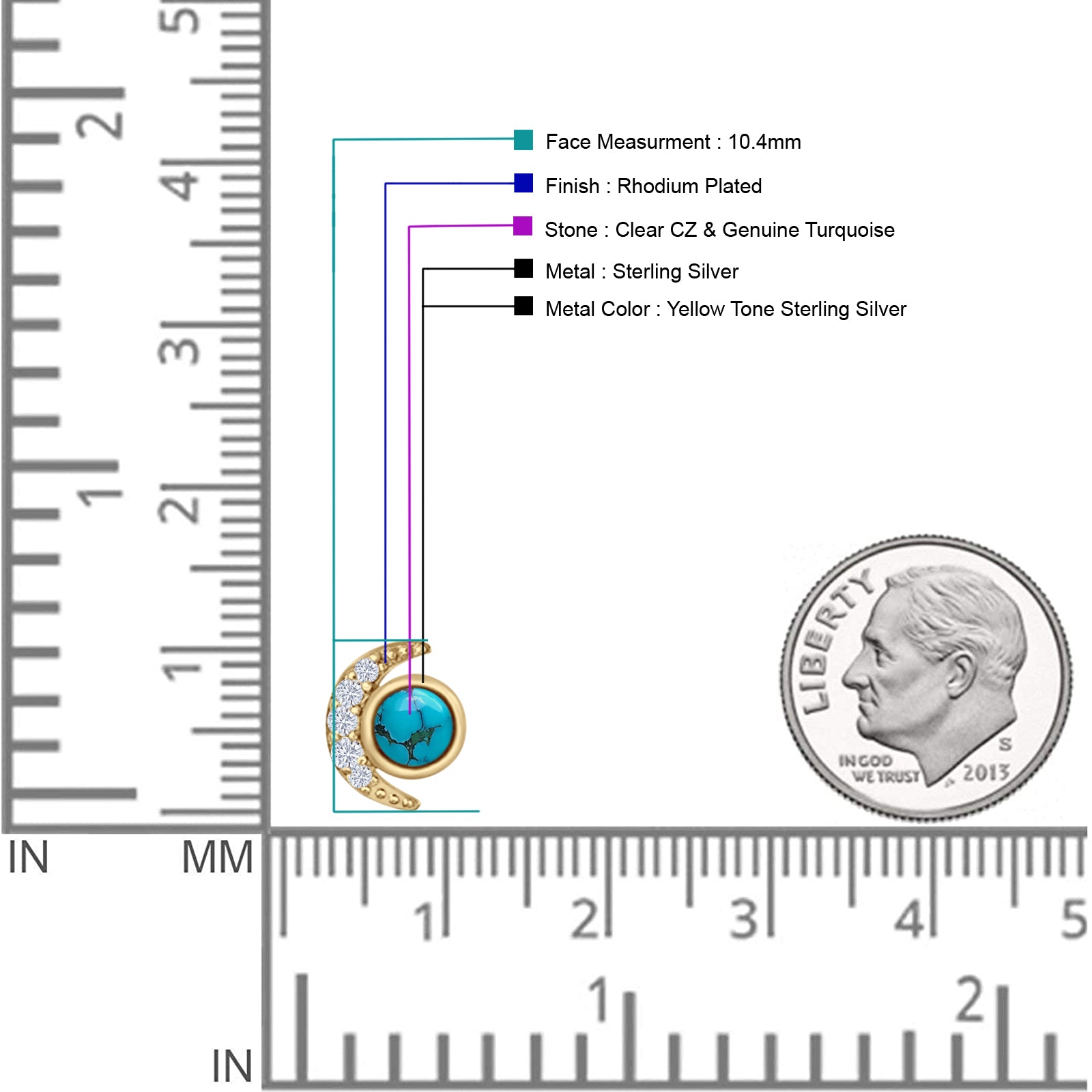 Minimalist 10.4mm Crescent Moon Stud Earrings Turquoise & Cubic Zirconia 925 Sterling Silver