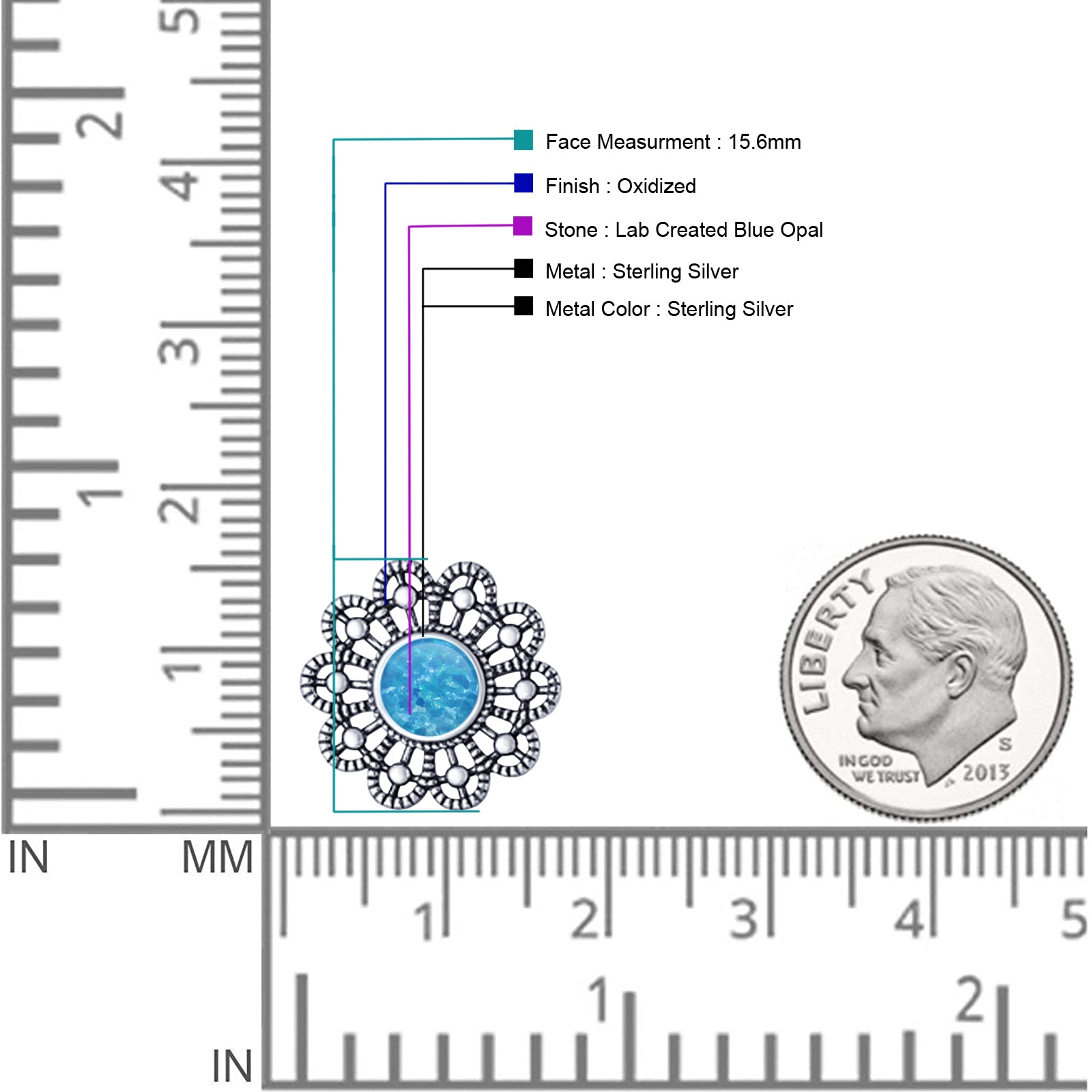 Flower Beaded 15.6mm Created Opal Stud Earring 925 Sterling Silver