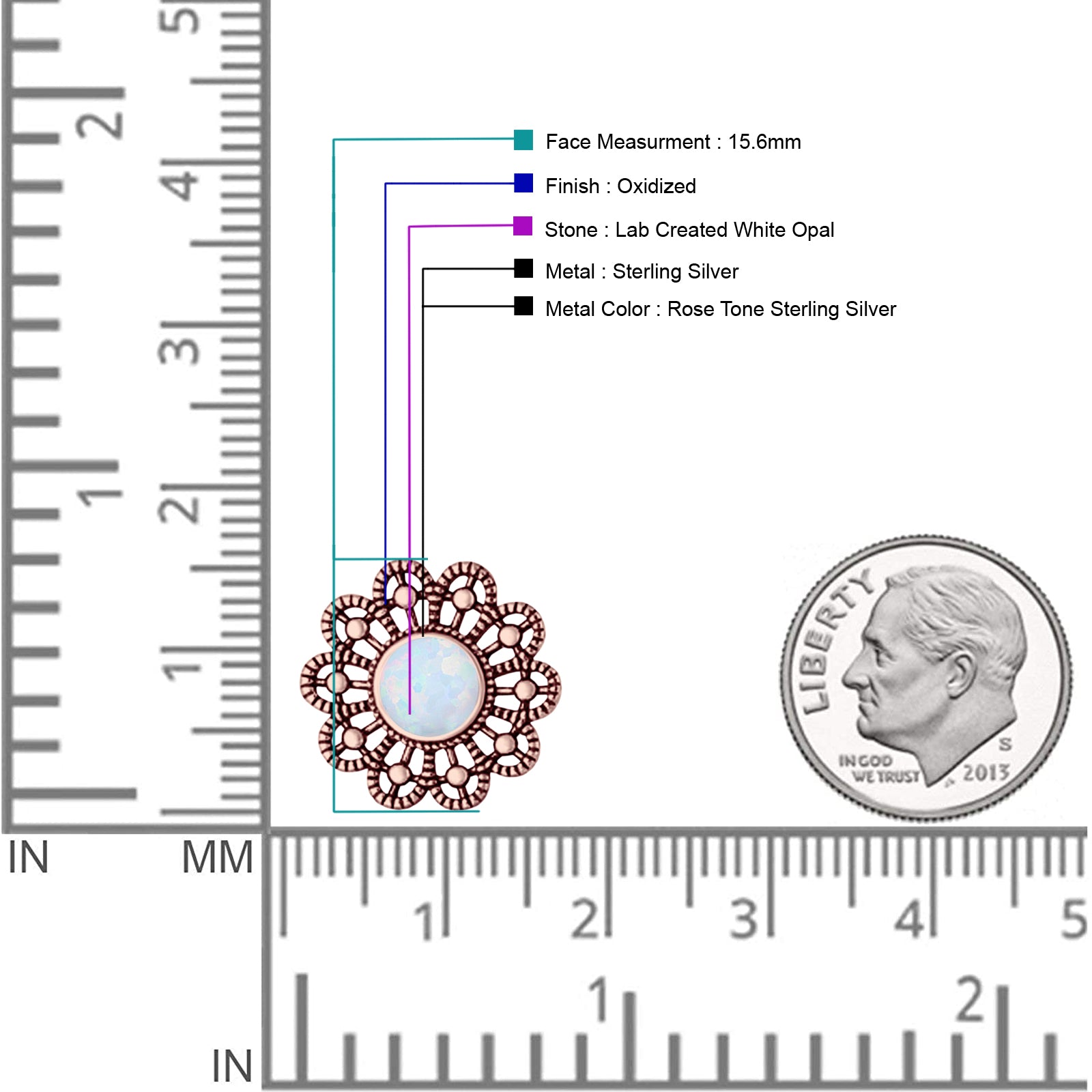 Flower Beaded 15.6mm Created Opal Stud Earring 925 Sterling Silver