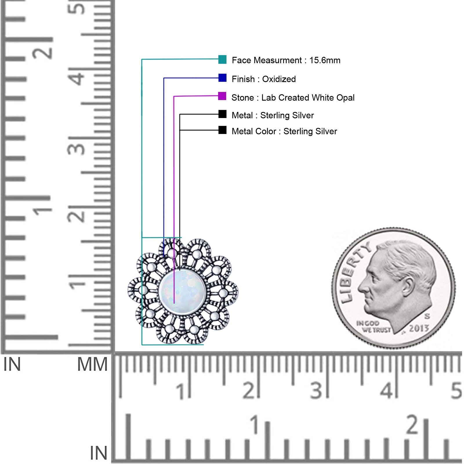 Flower Beaded 15.6mm Created Opal Stud Earring 925 Sterling Silver