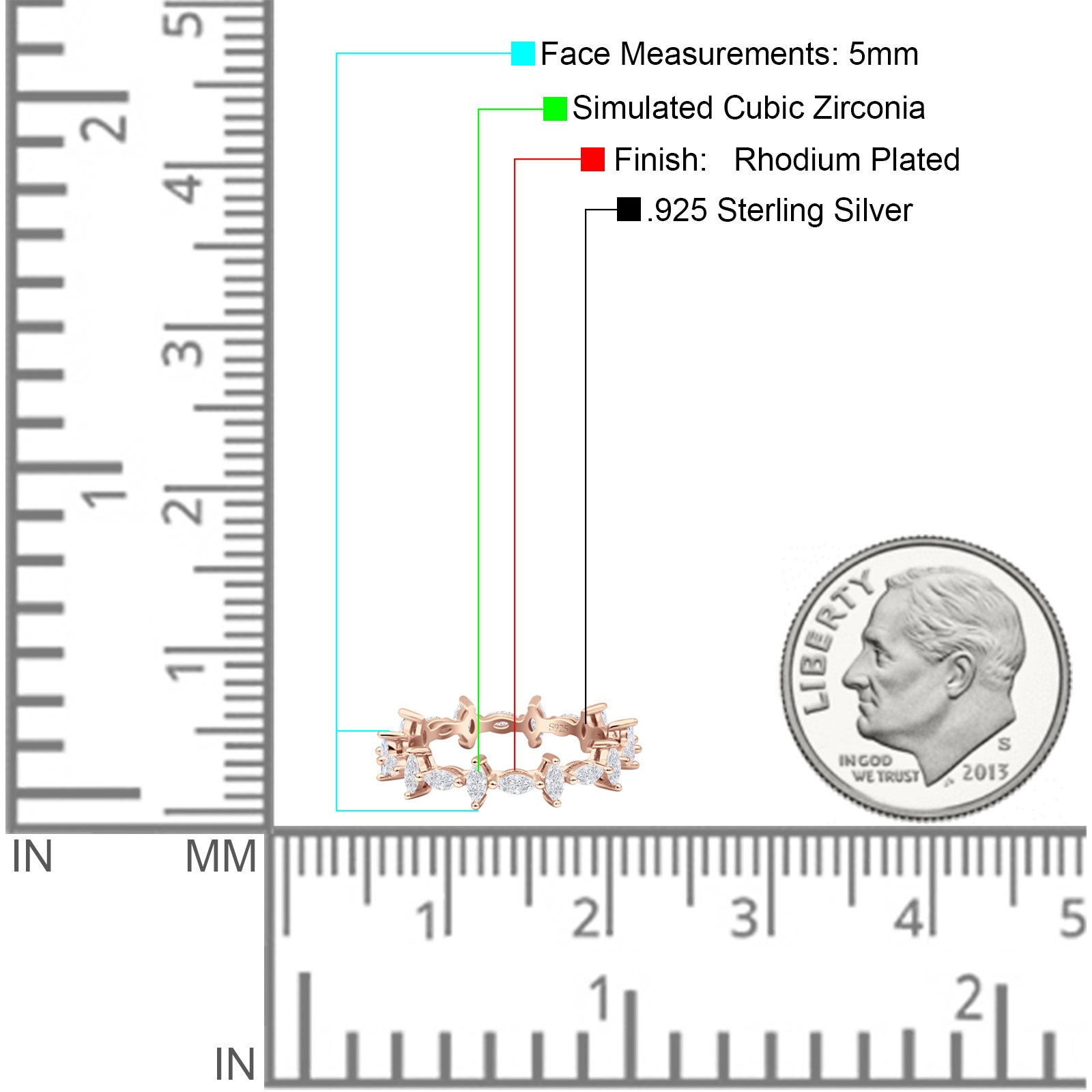 Minimalist 5mm Full Eternity Marquise Band Cubic Zirconia 925 Sterling Silver
