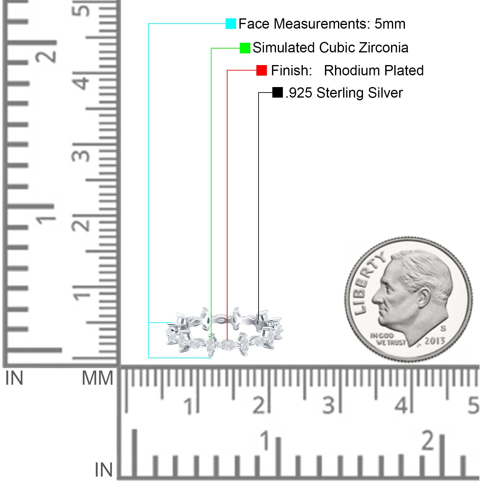Minimalist 5mm Full Eternity Marquise Band Cubic Zirconia 925 Sterling Silver