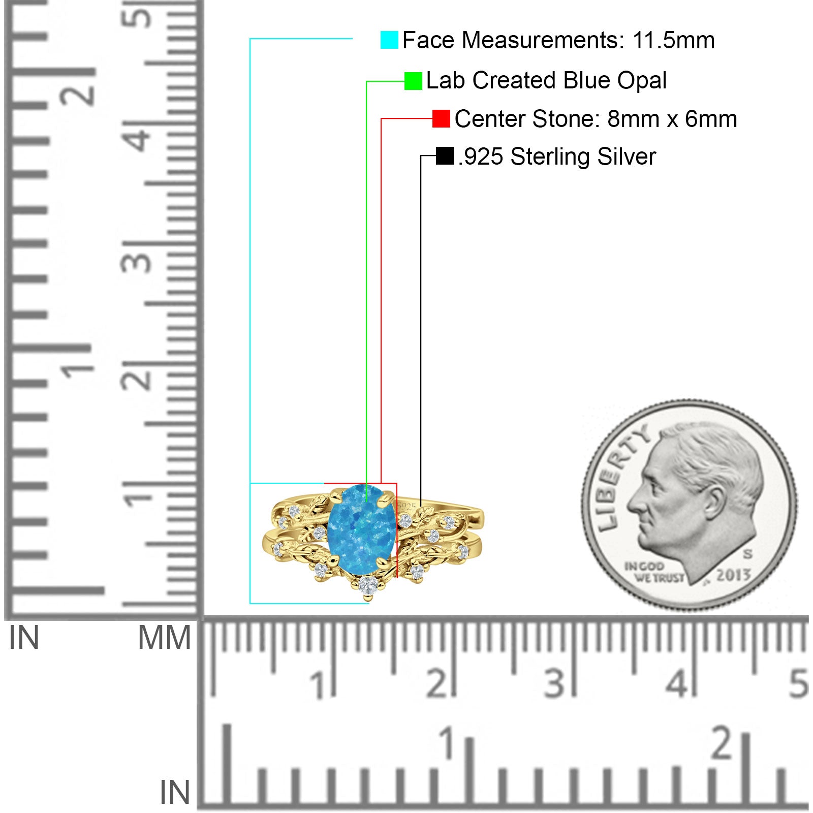 Two Piece Oval Lab Created Blue Opal Leaf Style Chevron Rings 925 Sterling Silver