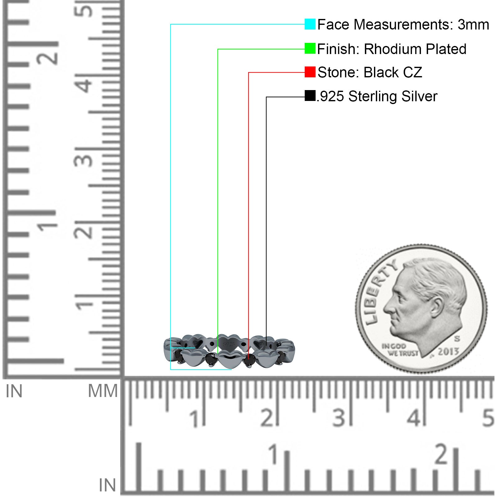 Round Black CZ 3mm Love Heart Ring 925 Sterling Silver
