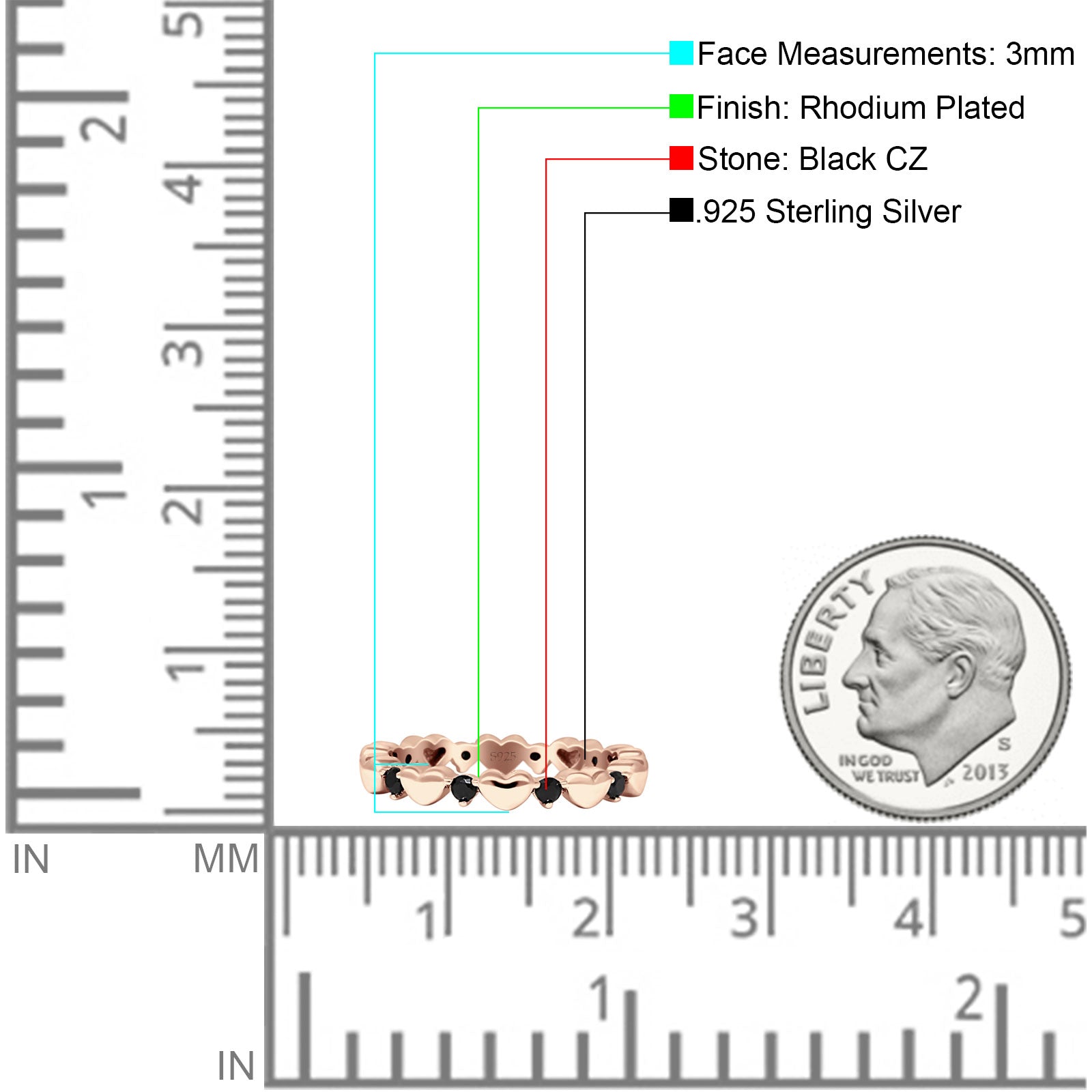 Round Black CZ 3mm Love Heart Ring 925 Sterling Silver