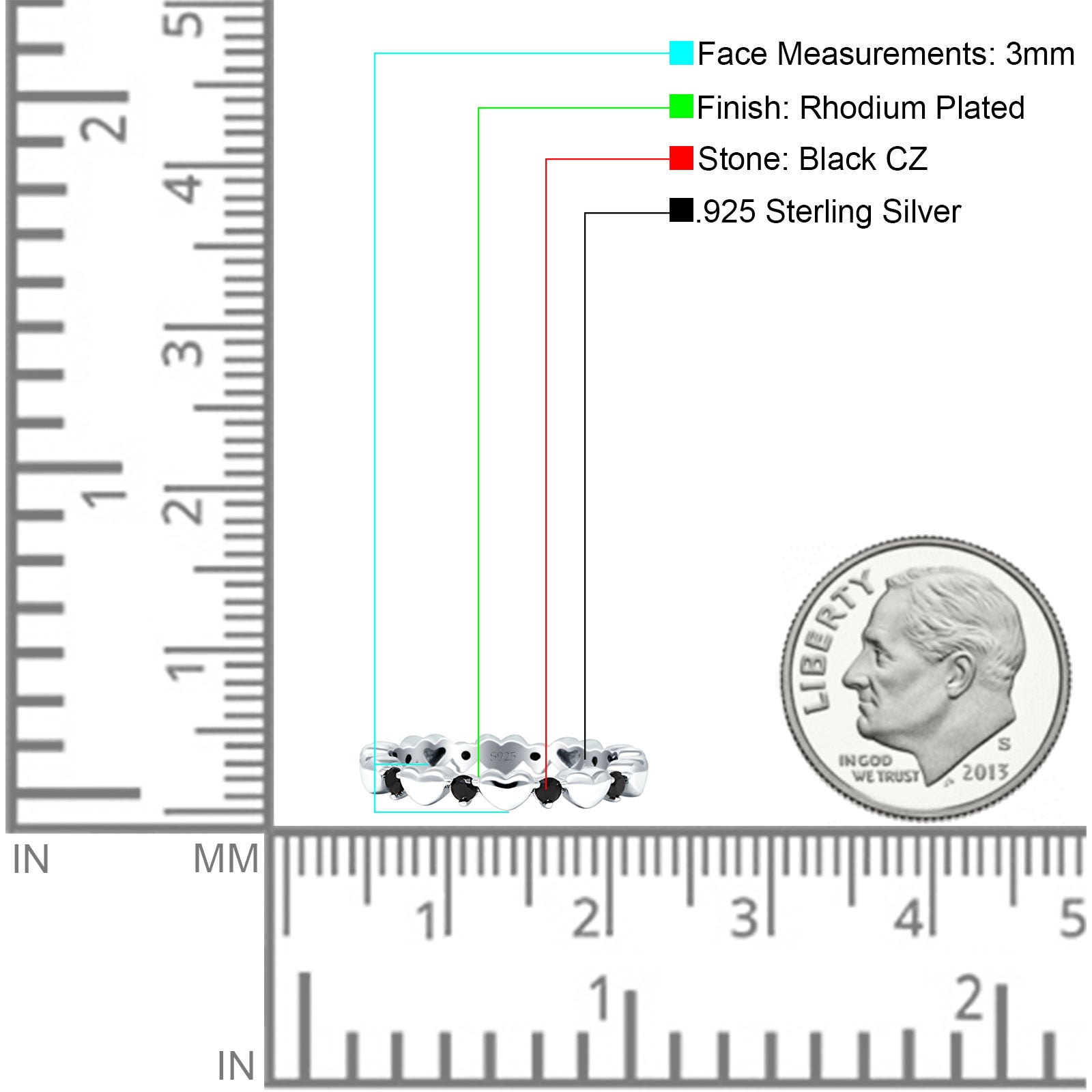 Round Black CZ 3mm Love Heart Ring 925 Sterling Silver