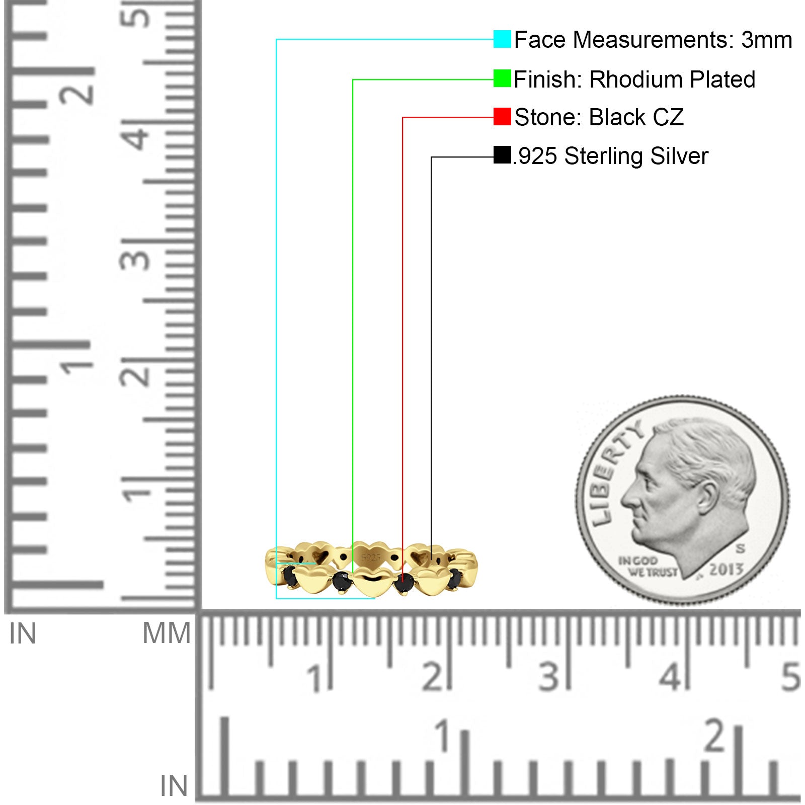 Round Black CZ 3mm Love Heart Ring 925 Sterling Silver