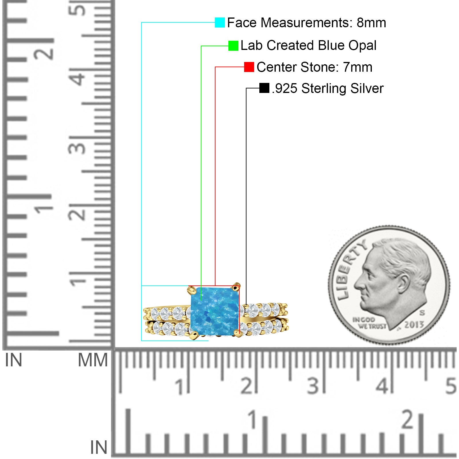 Art Deco 8mm Princess Cut Lab Created Blue Opal Stackable Ring 925 Sterling Silver