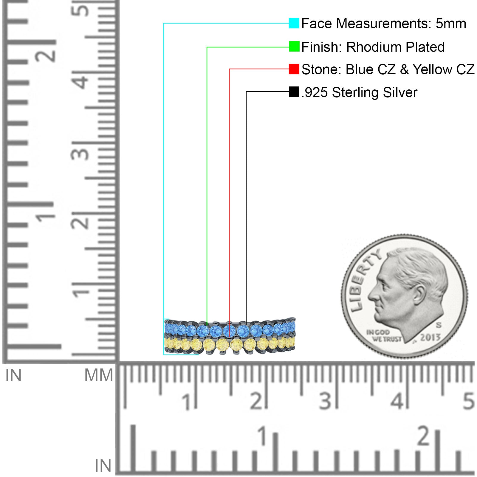 Half Eternity 5mm Blue CZ & Yellow CZ Wedding Band 925 Sterling Silver