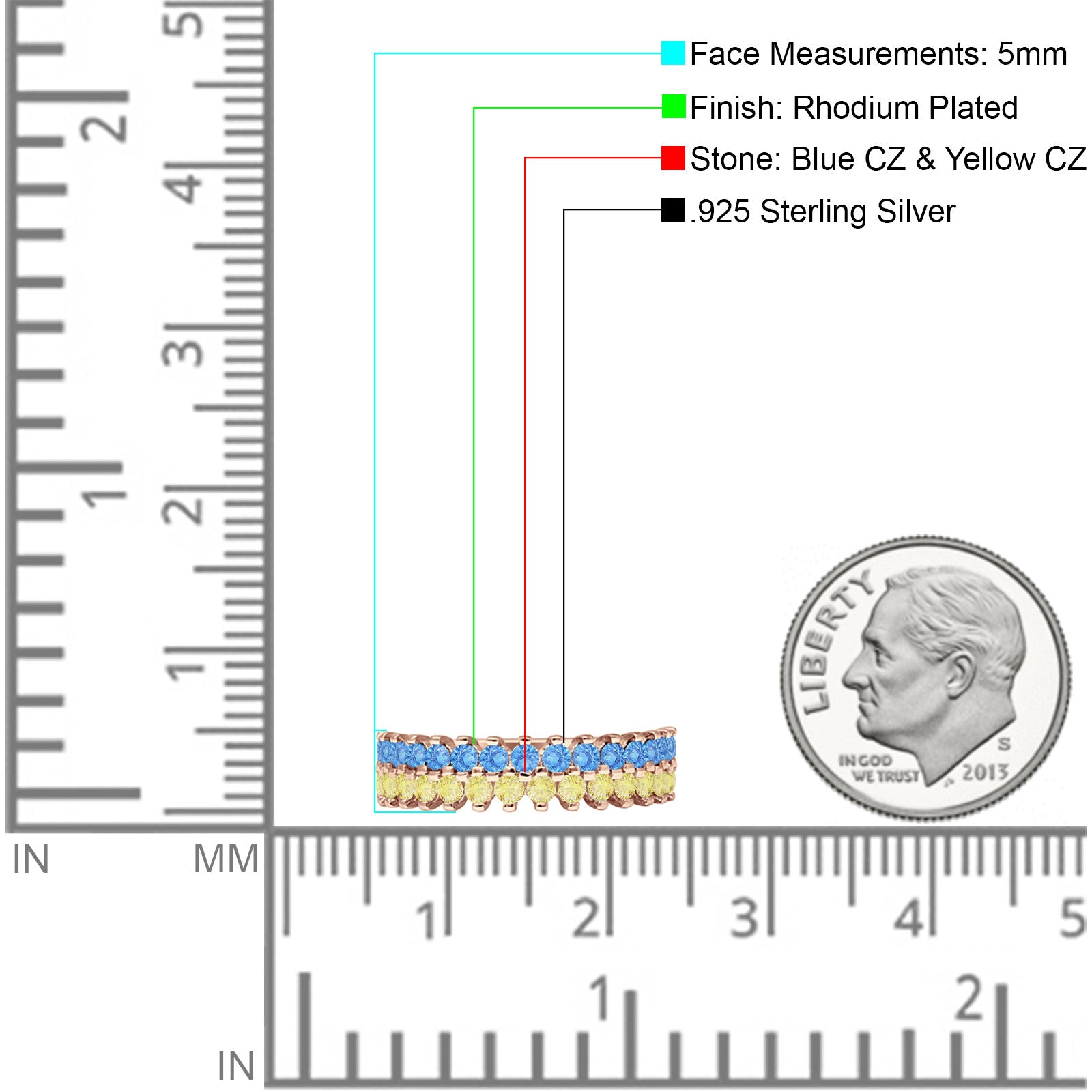 Half Eternity 5mm Blue CZ & Yellow CZ Wedding Band 925 Sterling Silver