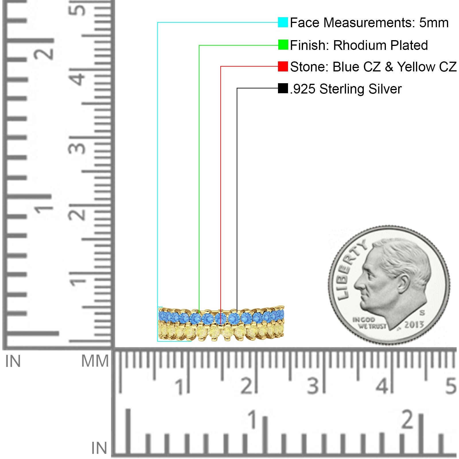 Half Eternity 5mm Blue CZ & Yellow CZ Wedding Band 925 Sterling Silver