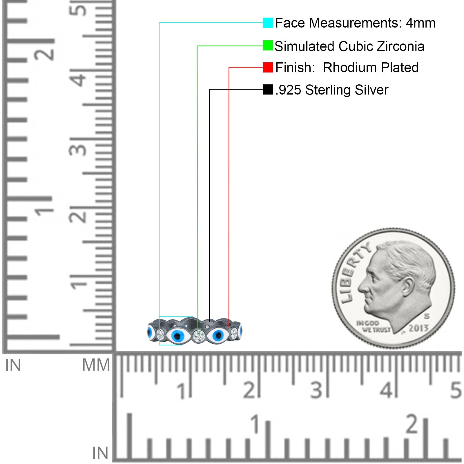 Evil Eye 4mm Round Cubic Zirconia Stackable Band 925 Sterling Silver