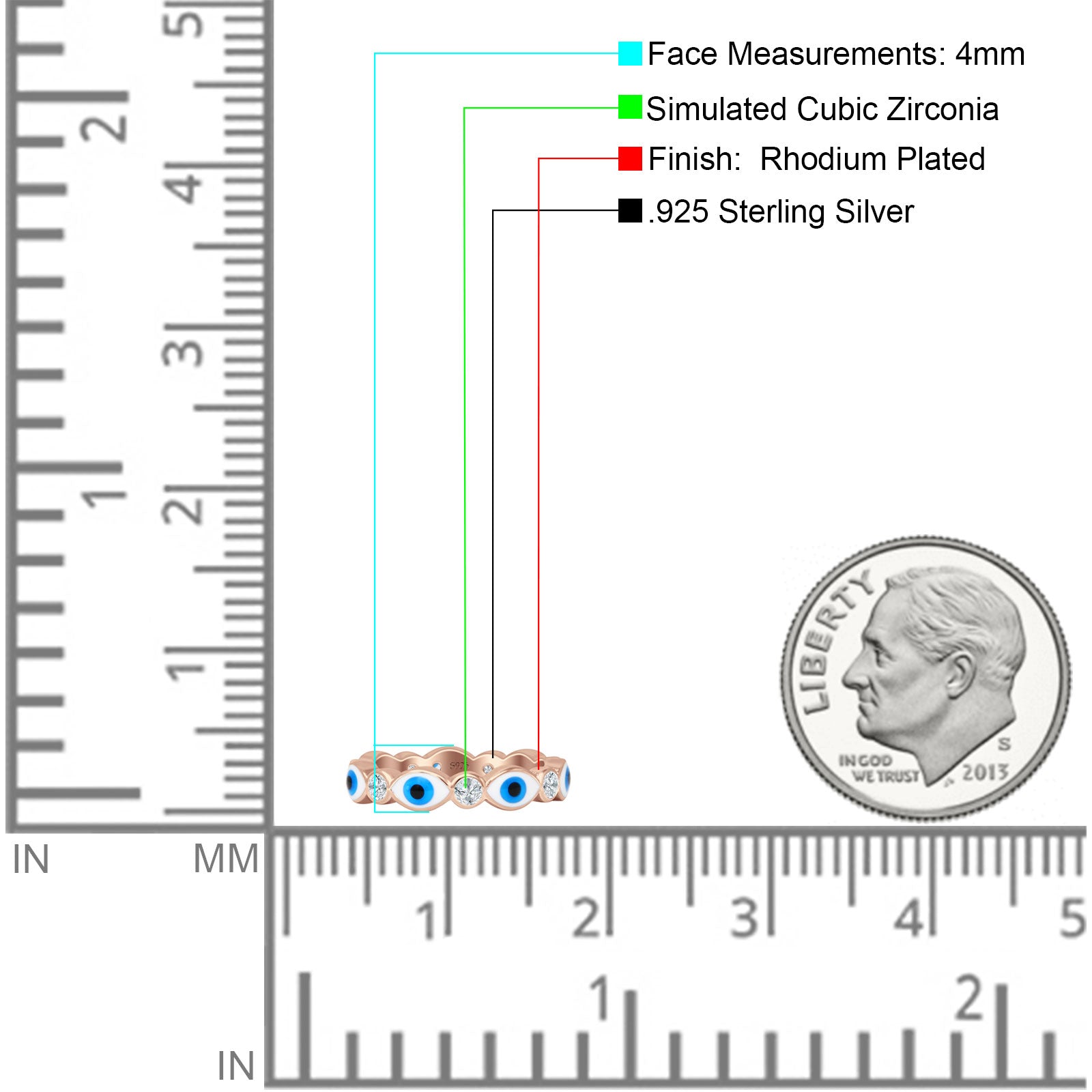 Evil Eye 4mm Round Cubic Zirconia Stackable Band 925 Sterling Silver