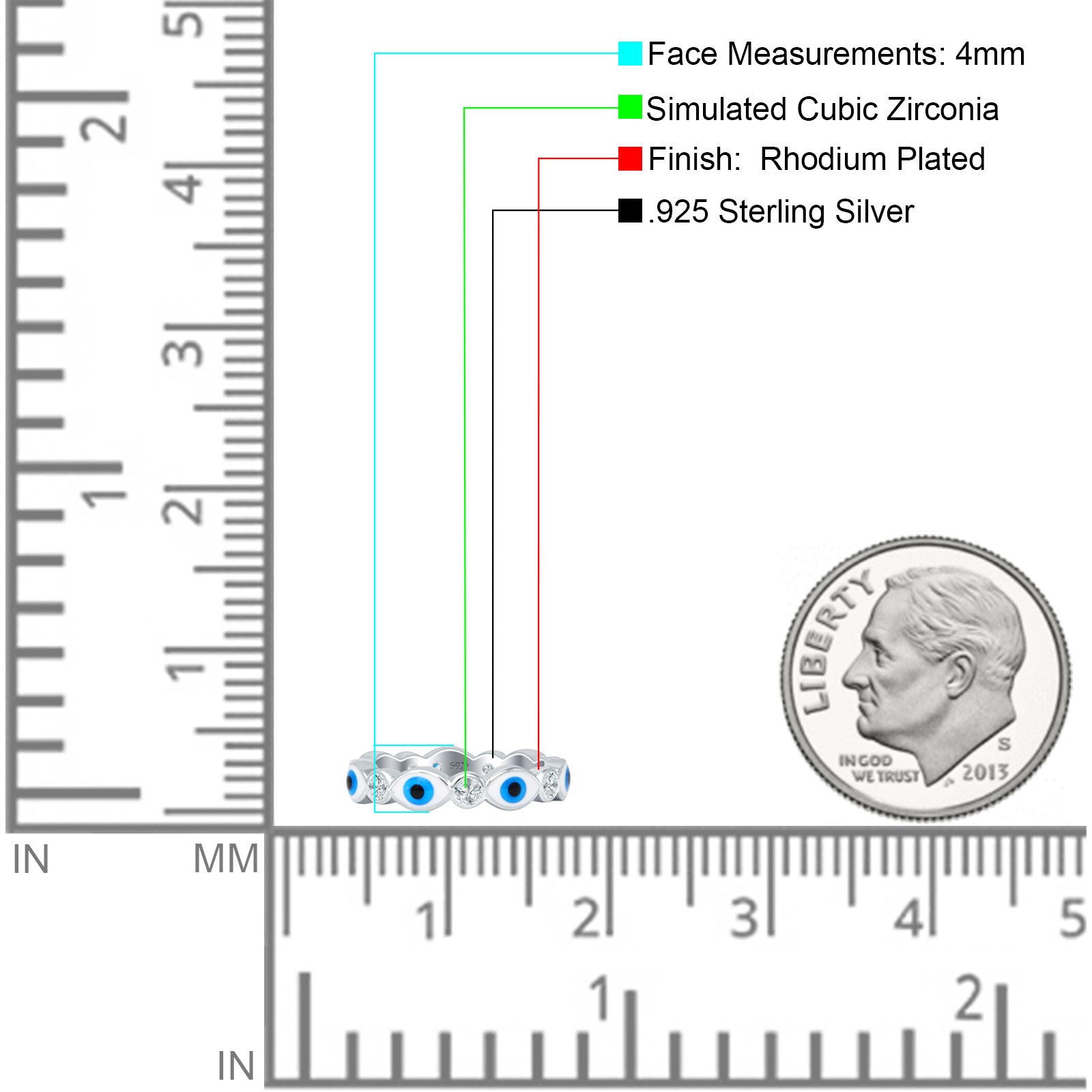 Evil Eye 4mm Round Cubic Zirconia Stackable Band 925 Sterling Silver