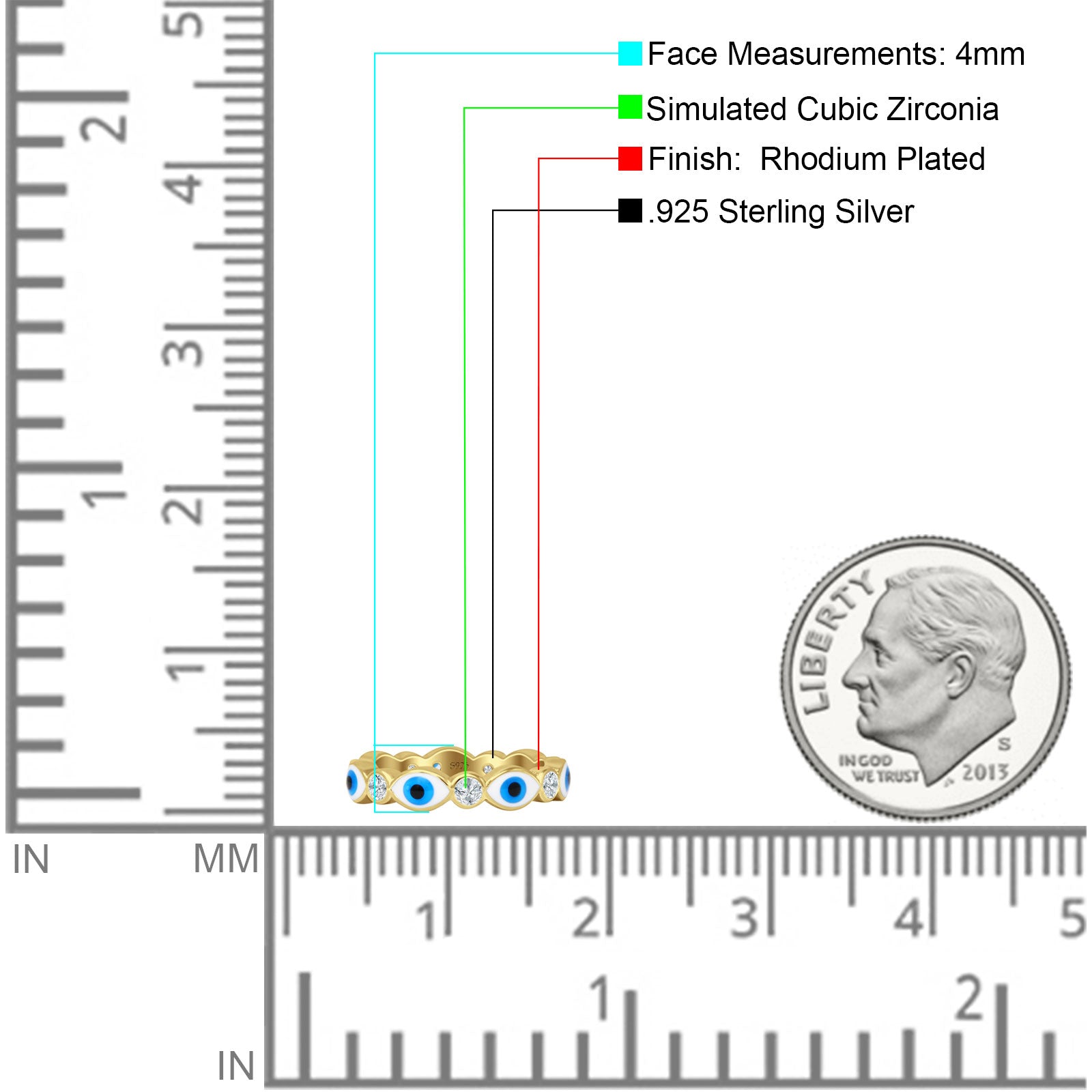 Evil Eye 4mm Round Cubic Zirconia Stackable Band 925 Sterling Silver