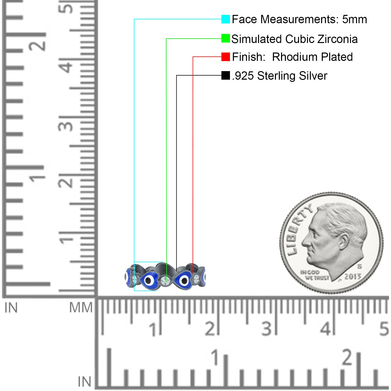 Heart 5mm Evil Eye Ring Cubic Zirconia Stackable Band 925 Sterling Silver