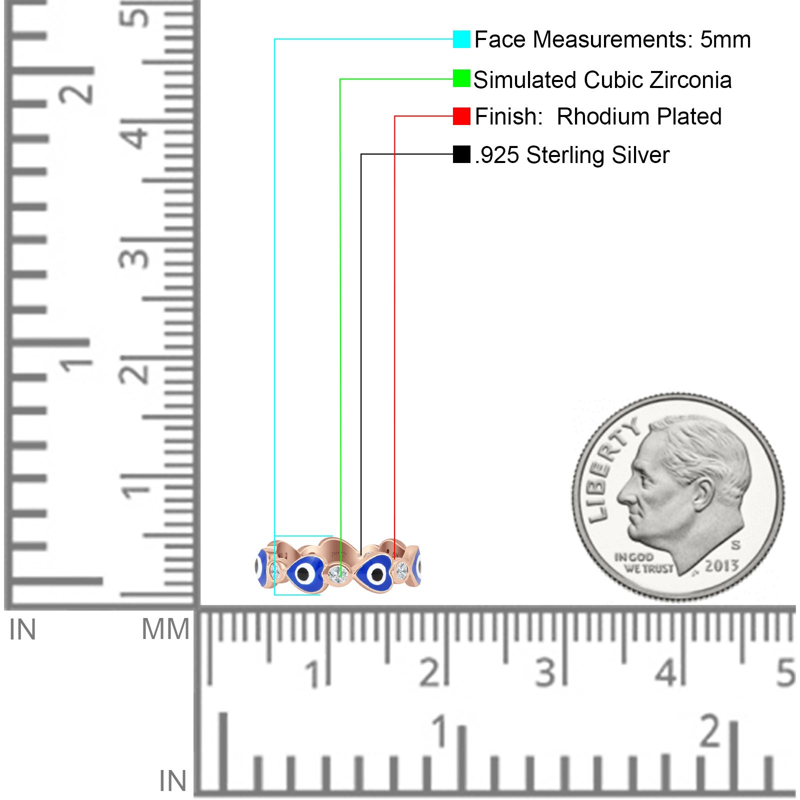 Heart 5mm Evil Eye Ring Cubic Zirconia Stackable Band 925 Sterling Silver