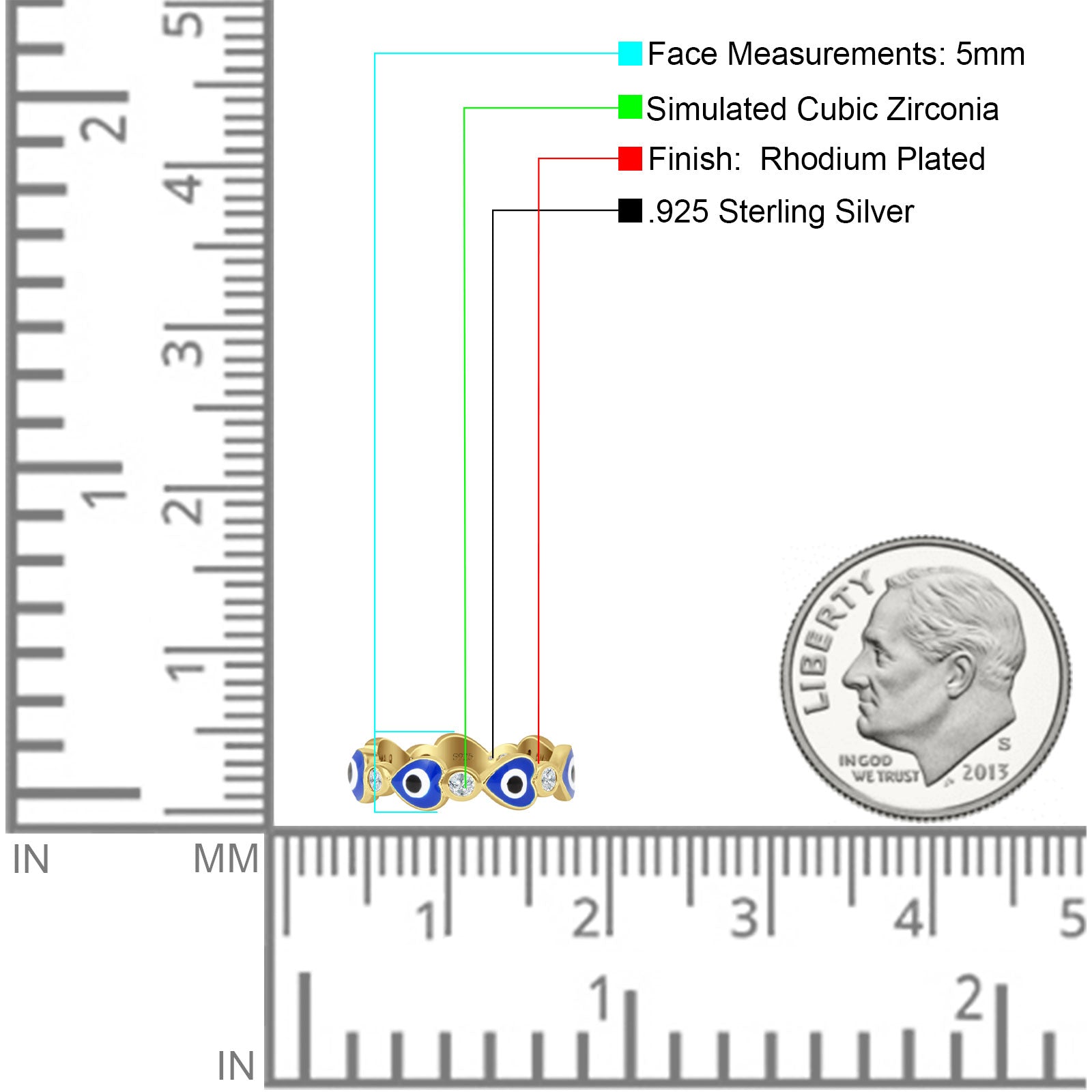 Heart 5mm Evil Eye Ring Cubic Zirconia Stackable Band 925 Sterling Silver