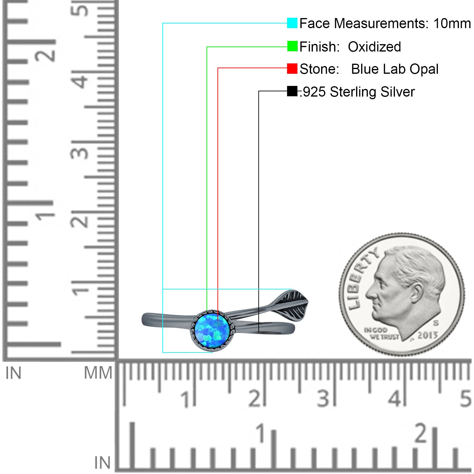 Round 10mm Lab Created Blue Opal Twisted Rope Feather Ring Oxidized 925 Sterling Silver