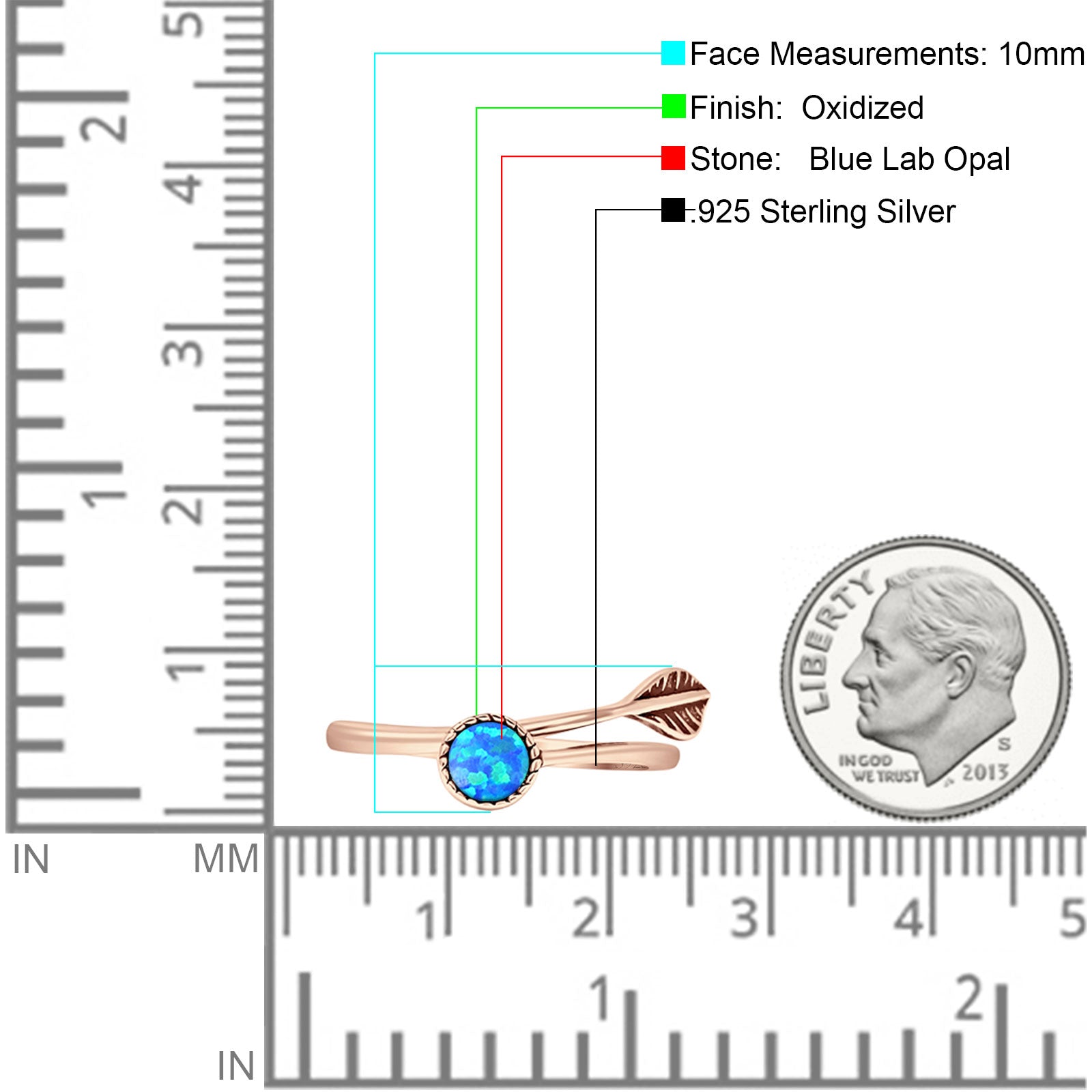 Round 10mm Lab Created Blue Opal Twisted Rope Feather Ring Oxidized 925 Sterling Silver