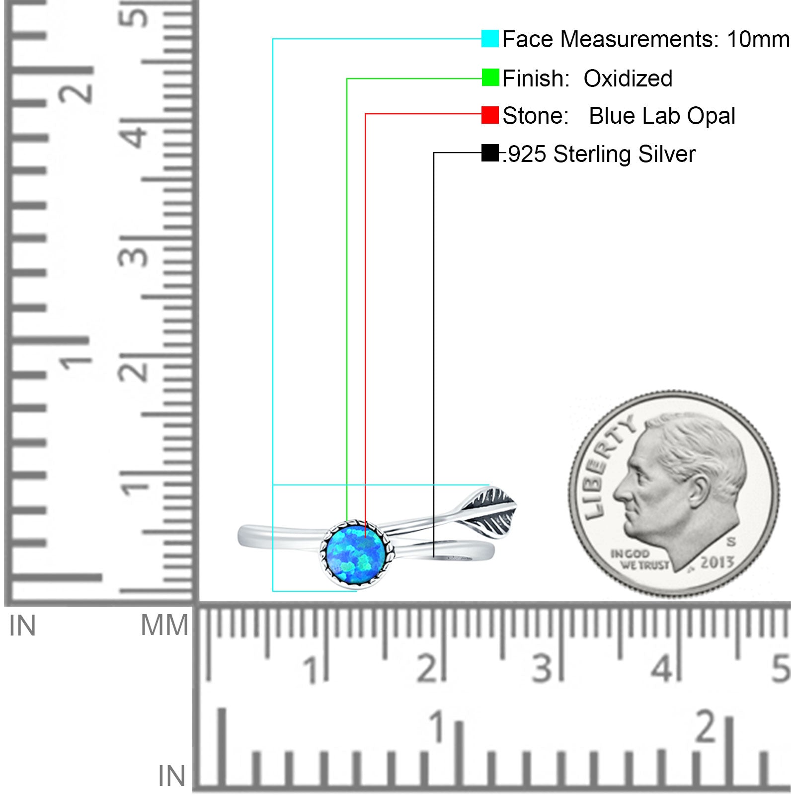 Round 10mm Lab Created Blue Opal Twisted Rope Feather Ring Oxidized 925 Sterling Silver