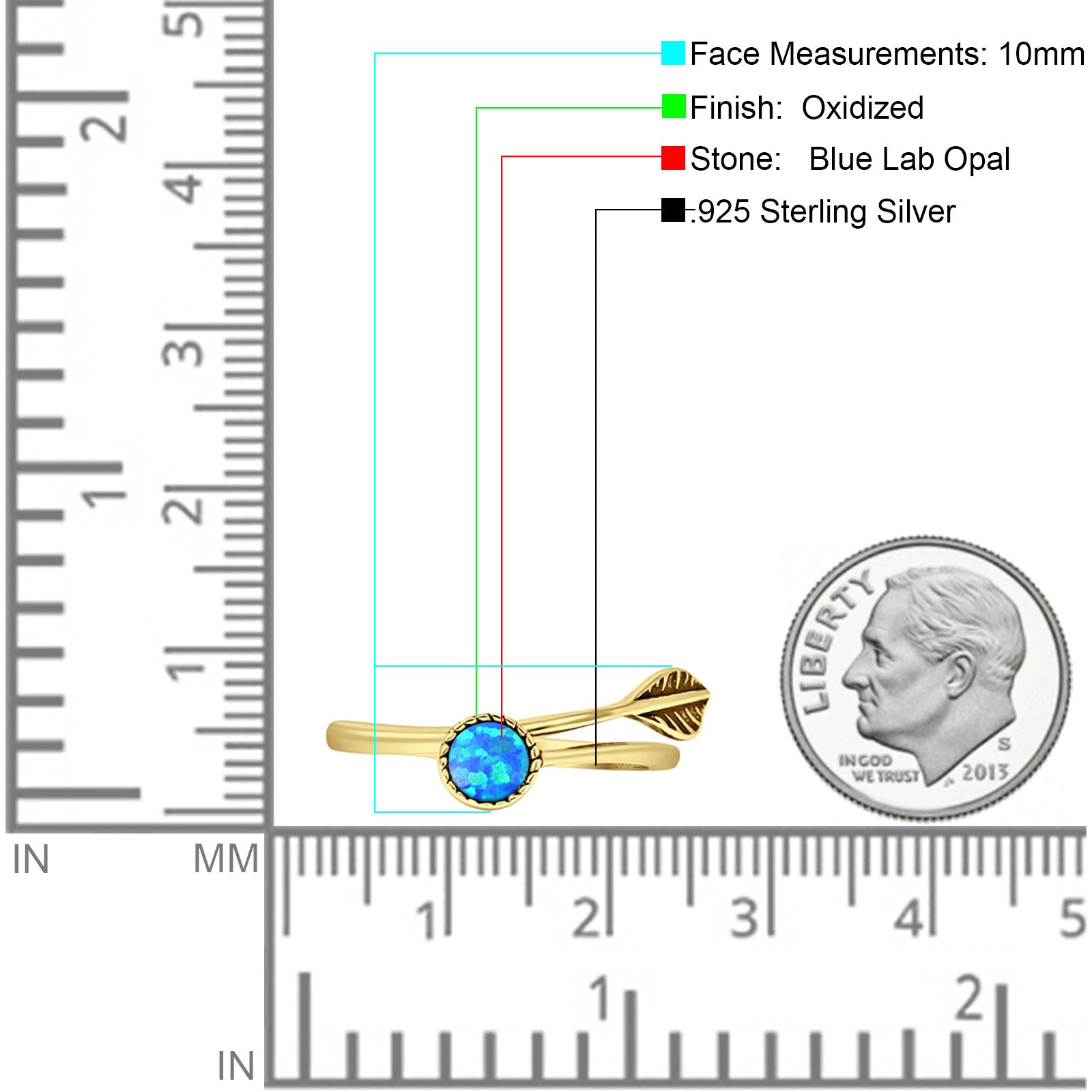 Round 10mm Lab Created Blue Opal Twisted Rope Feather Ring Oxidized 925 Sterling Silver