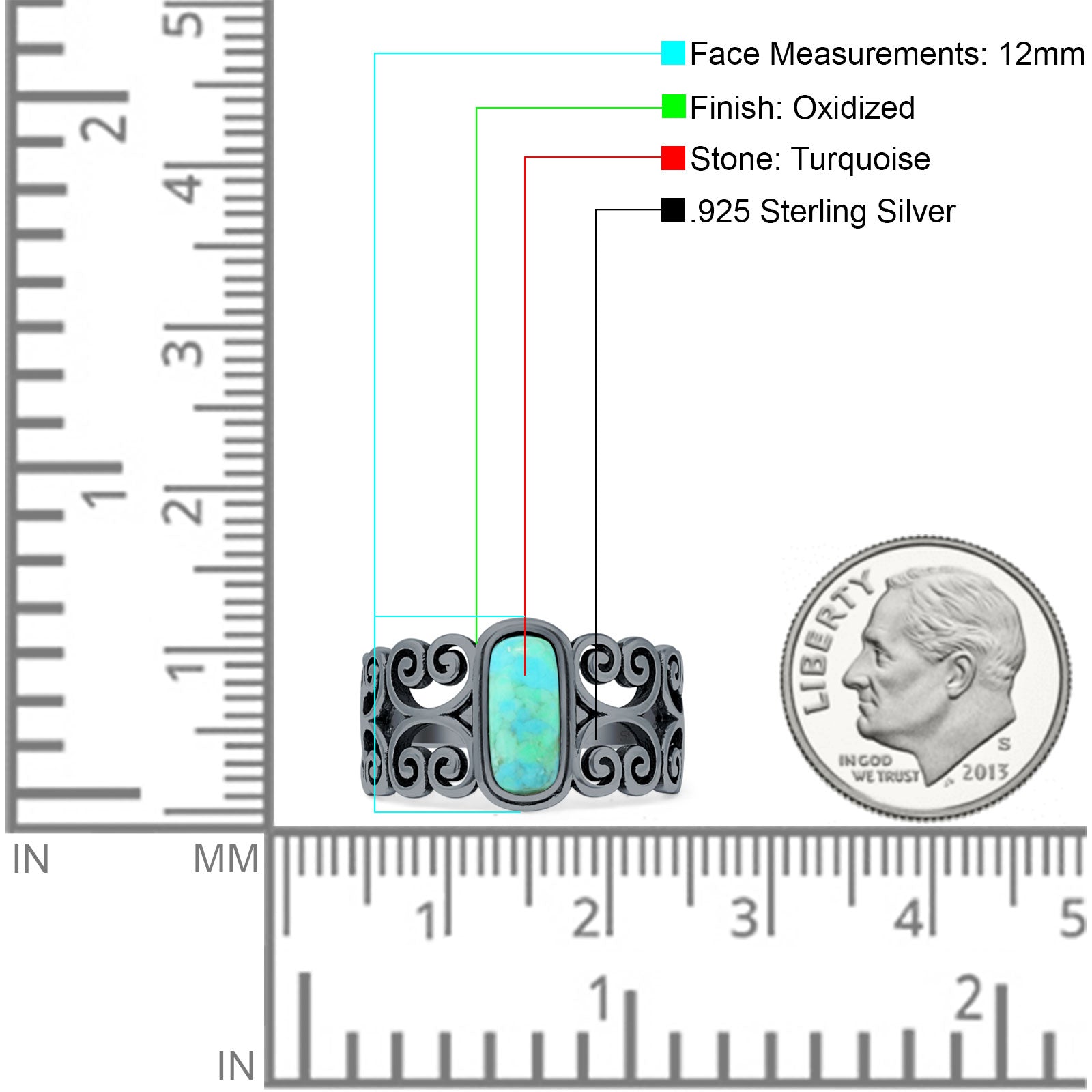Art Deco 12mm Oval Turquoise Oxidized Filigree Ring 925 Sterling Silver