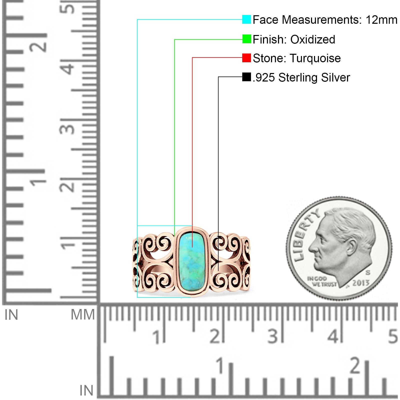 Art Deco 12mm Oval Turquoise Oxidized Filigree Ring 925 Sterling Silver