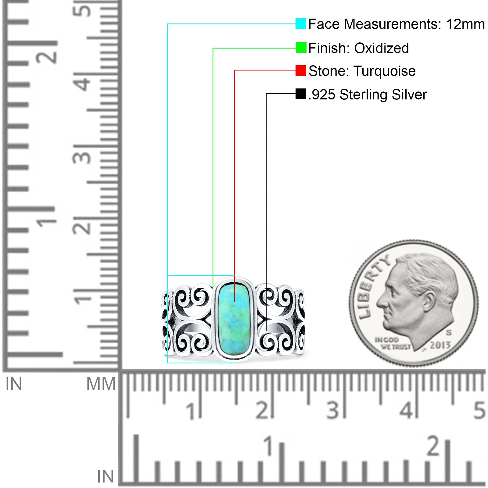 Art Deco 12mm Oval Turquoise Oxidized Filigree Ring 925 Sterling Silver