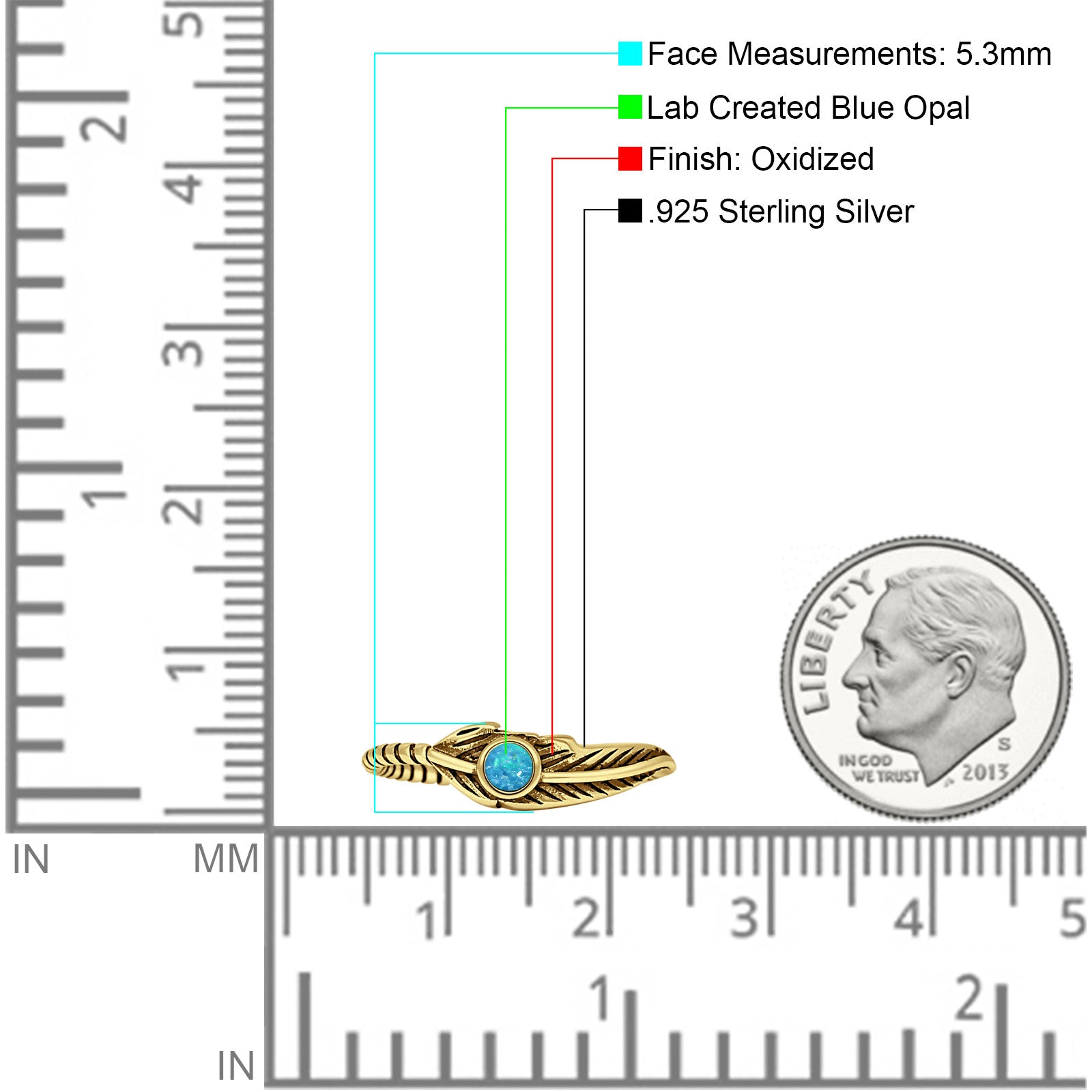 Minimalist 5.3mm Round Lab Created Blue Opal Feather Ring Oxidized 925 Sterling Silver