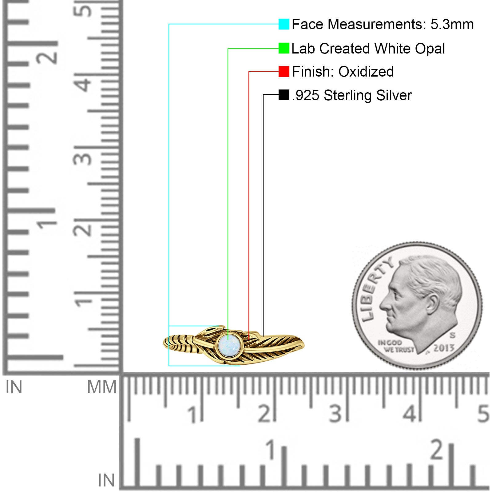 Minimalist 5.3mm Round Lab Created White Opal Feather Ring Oxidized 925 Sterling Silver
