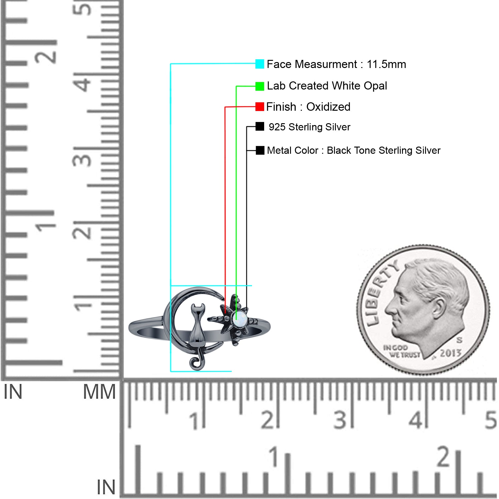 Oxidized Cat On Moon & Star Ring