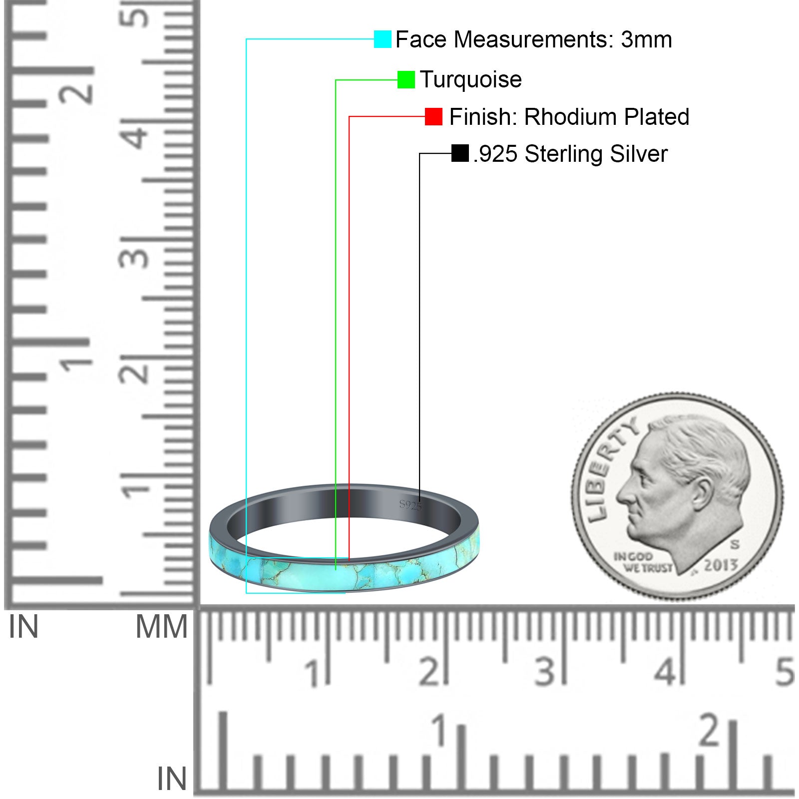 Full Eternity Stackable 3mm Wedding Band Turquoise 925 Sterling Silver