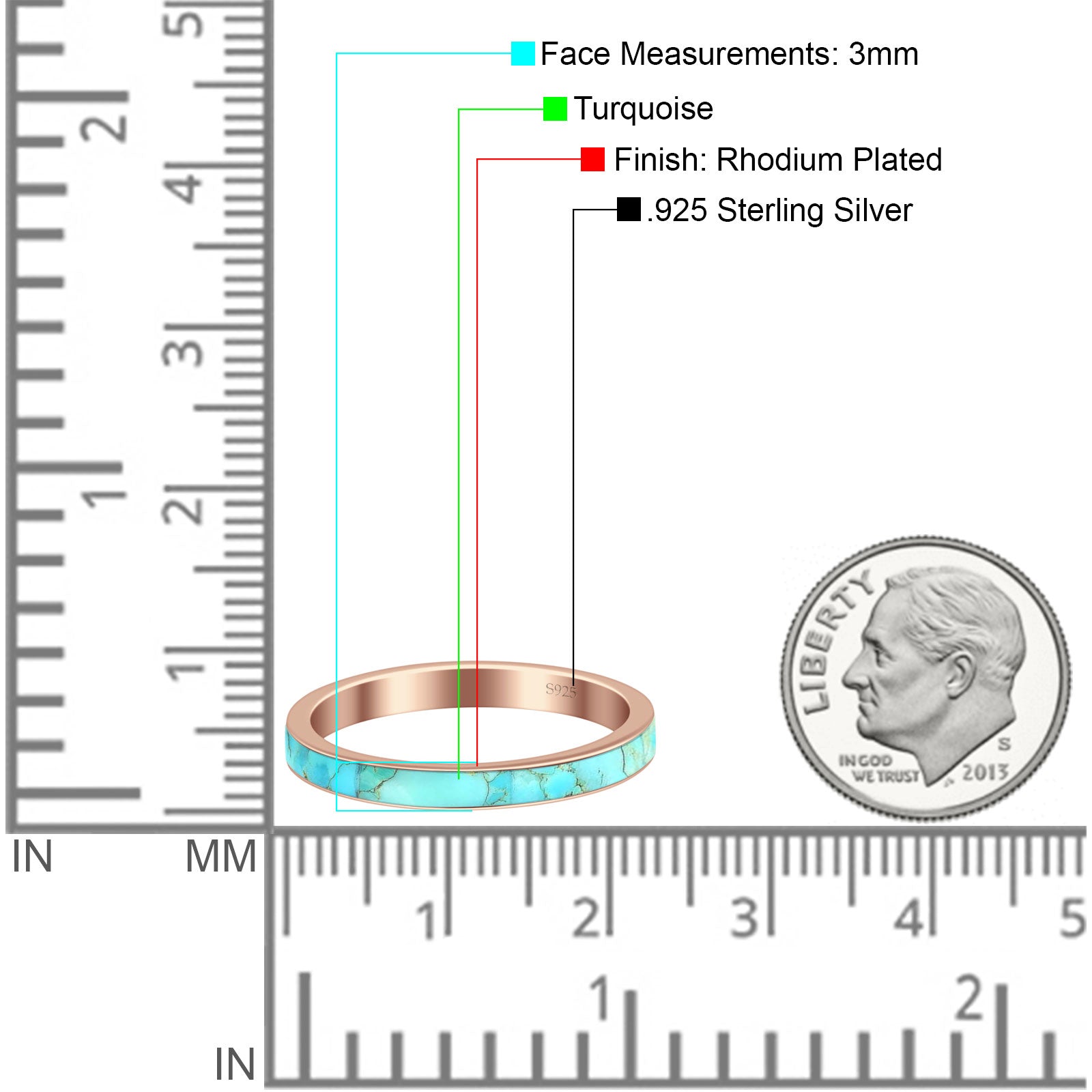 Full Eternity Stackable 3mm Wedding Band Turquoise 925 Sterling Silver