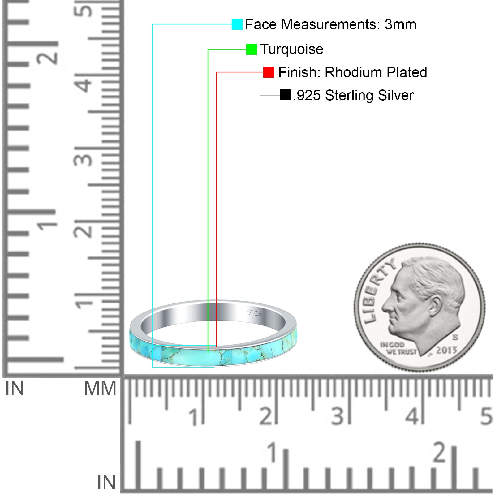 Full Eternity Stackable 3mm Wedding Band Turquoise 925 Sterling Silver