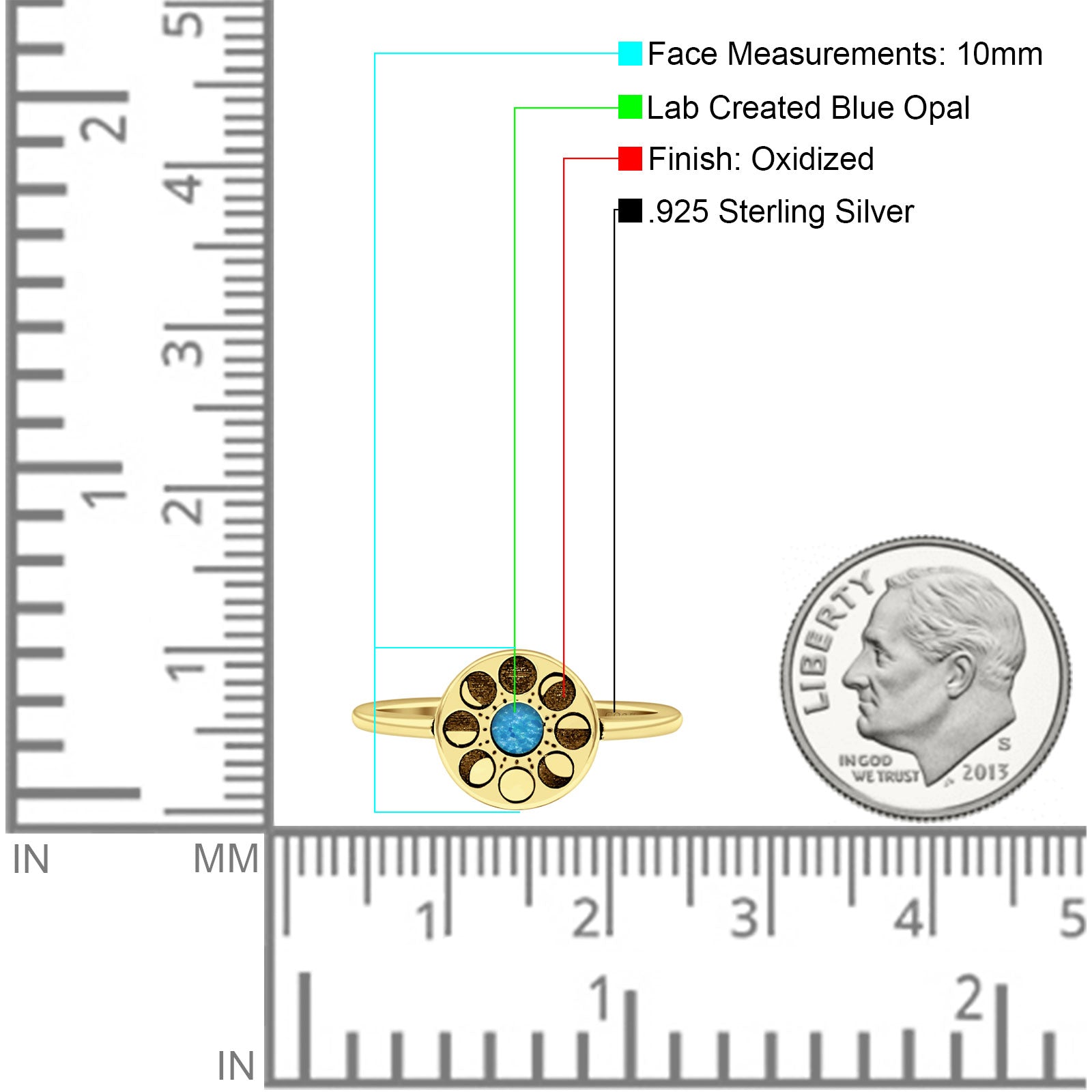 Moon Phases Ring 10mm Oxidized Round Lab Created Opal 925 Sterling Silver