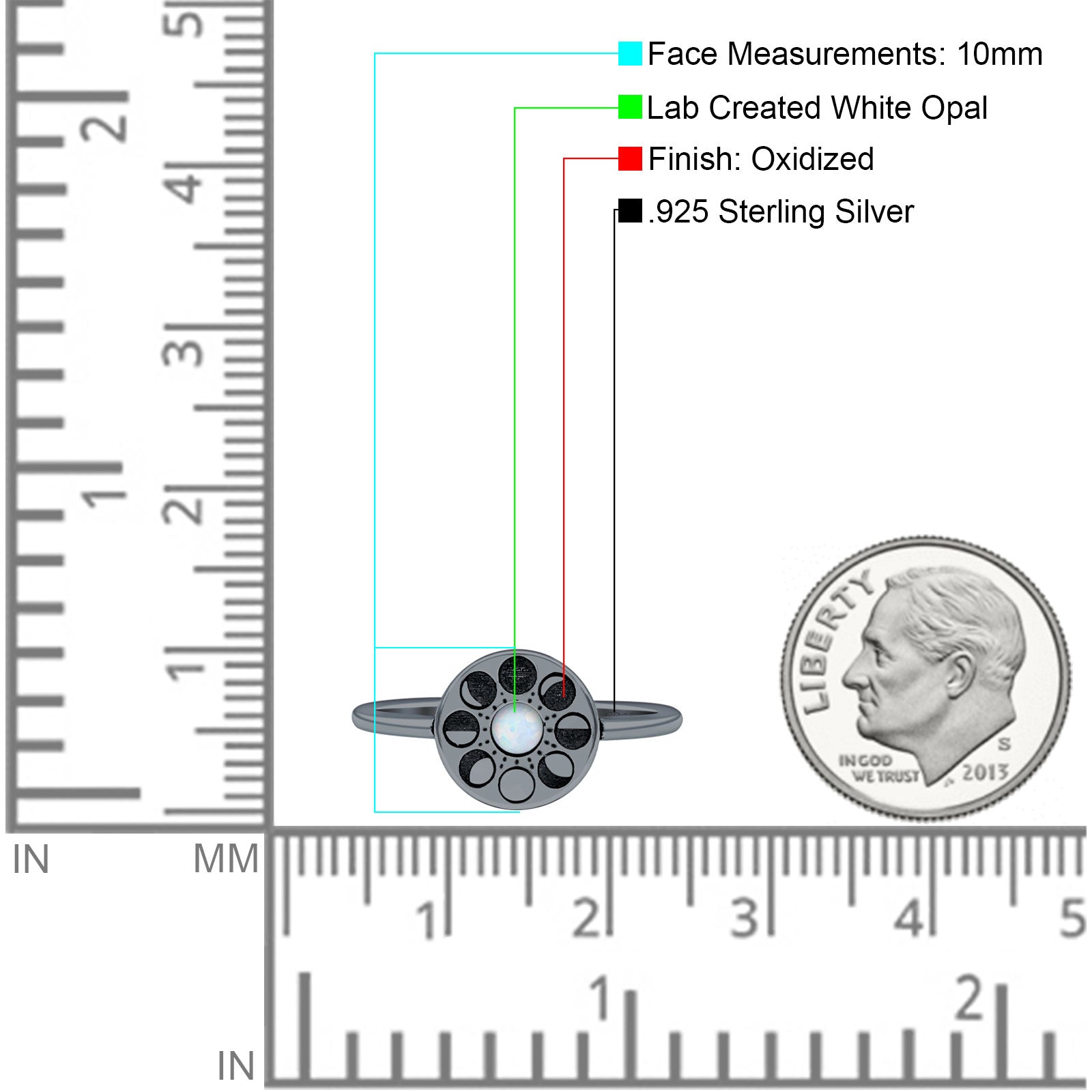 Moon Phases Ring 10mm Oxidized Round Lab Created Opal 925 Sterling Silver