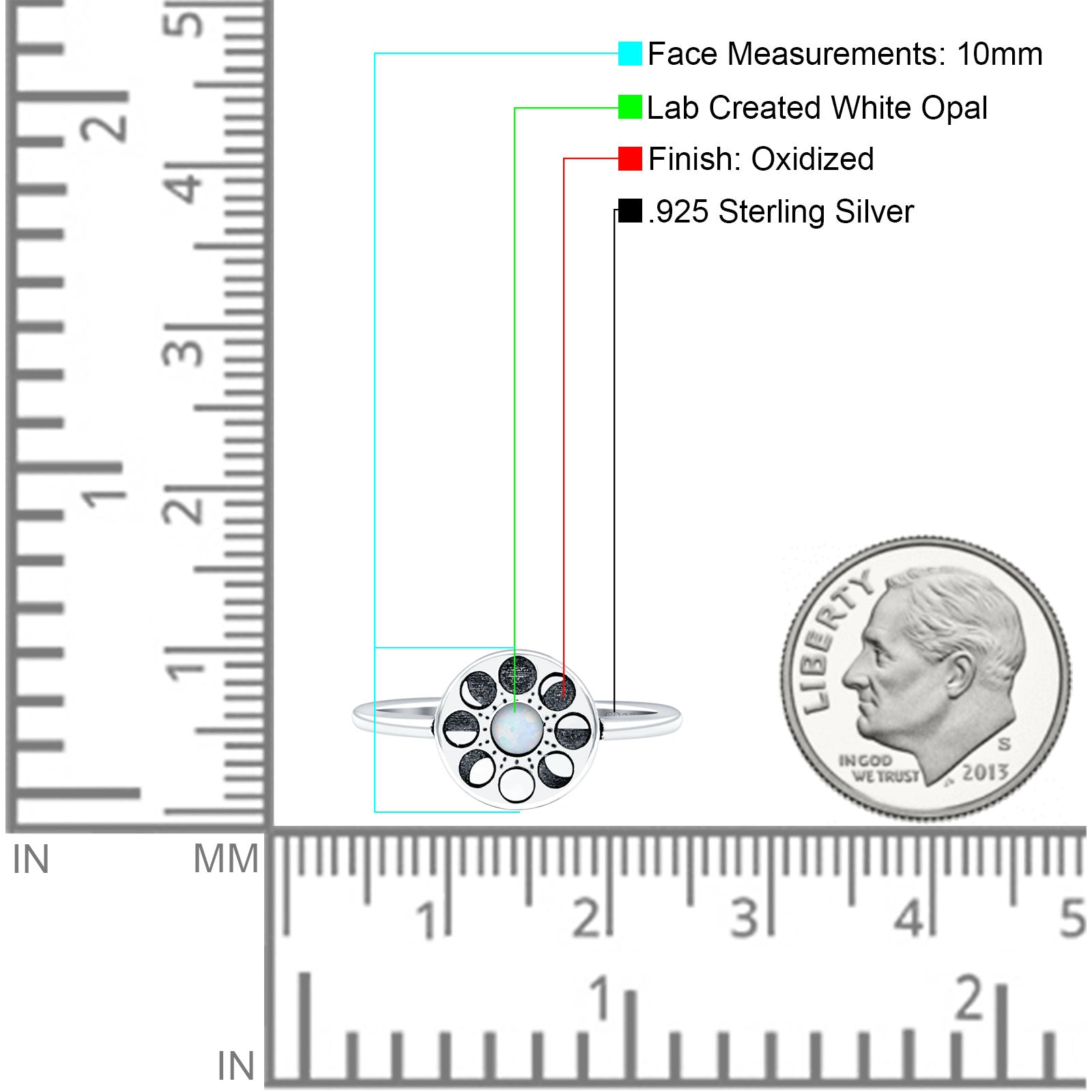 Moon Phases Ring 10mm Oxidized Round Lab Created Opal 925 Sterling Silver