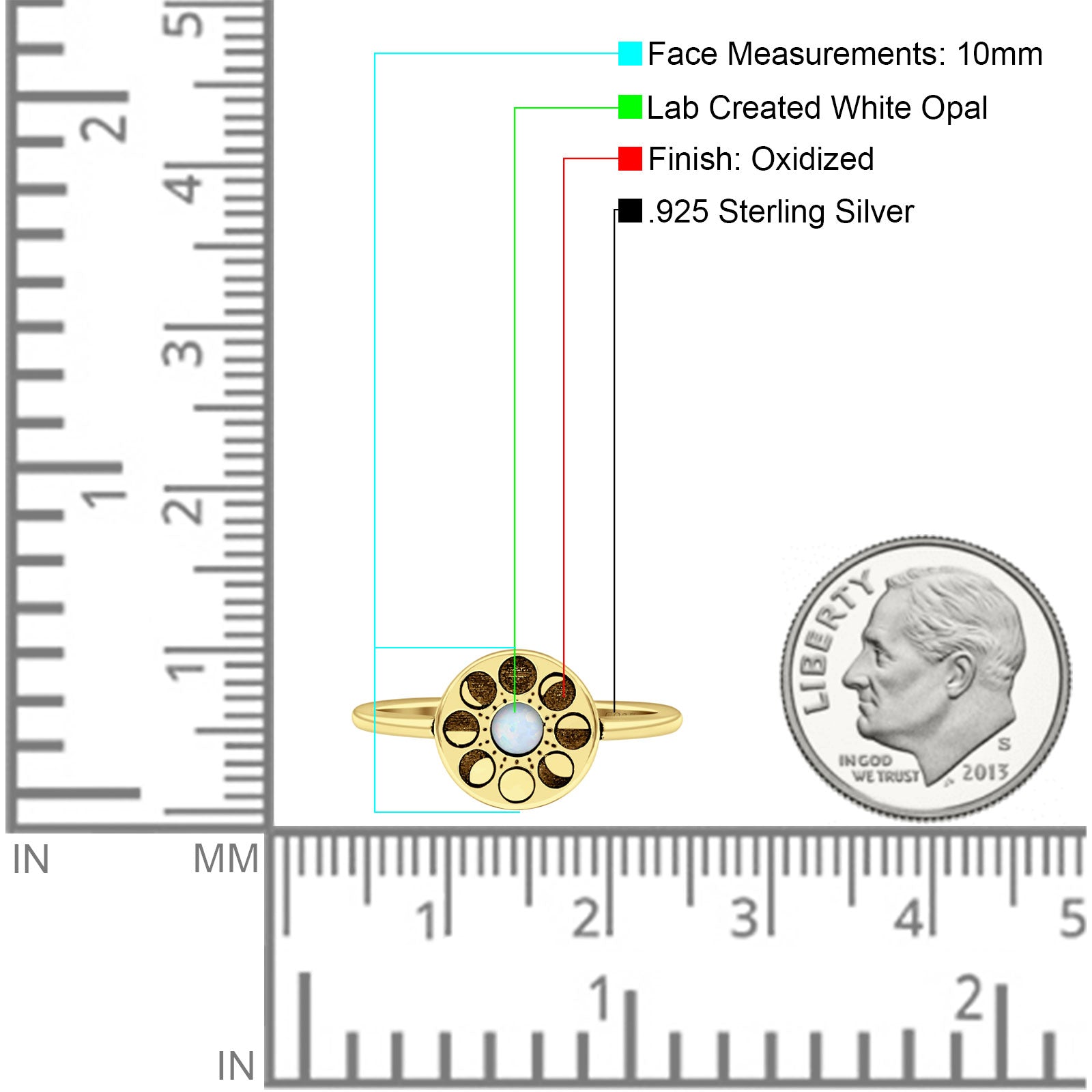 Moon Phases Ring 10mm Oxidized Round Lab Created Opal 925 Sterling Silver