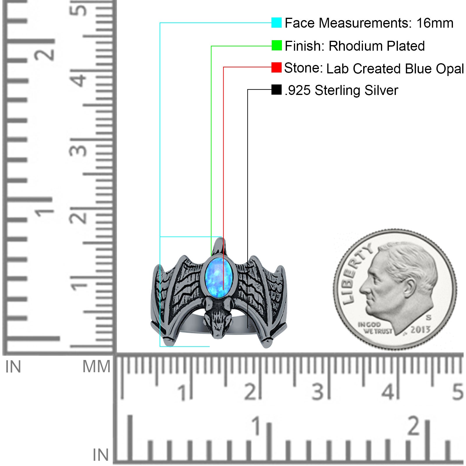 Oval 16mm Lab Created Blue Opal Flying Bat Oxidized Ring 925 Sterling Silver
