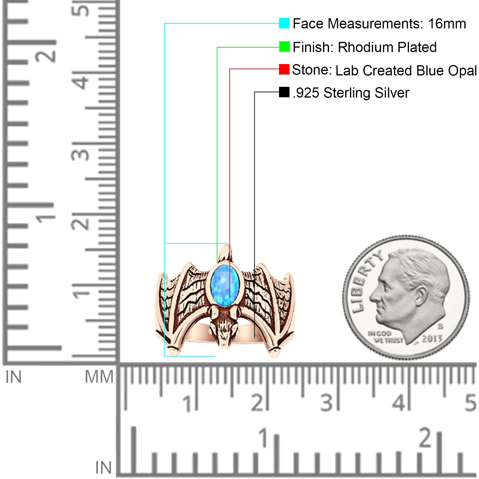 Oval 16mm Lab Created Blue Opal Flying Bat Oxidized Ring 925 Sterling Silver