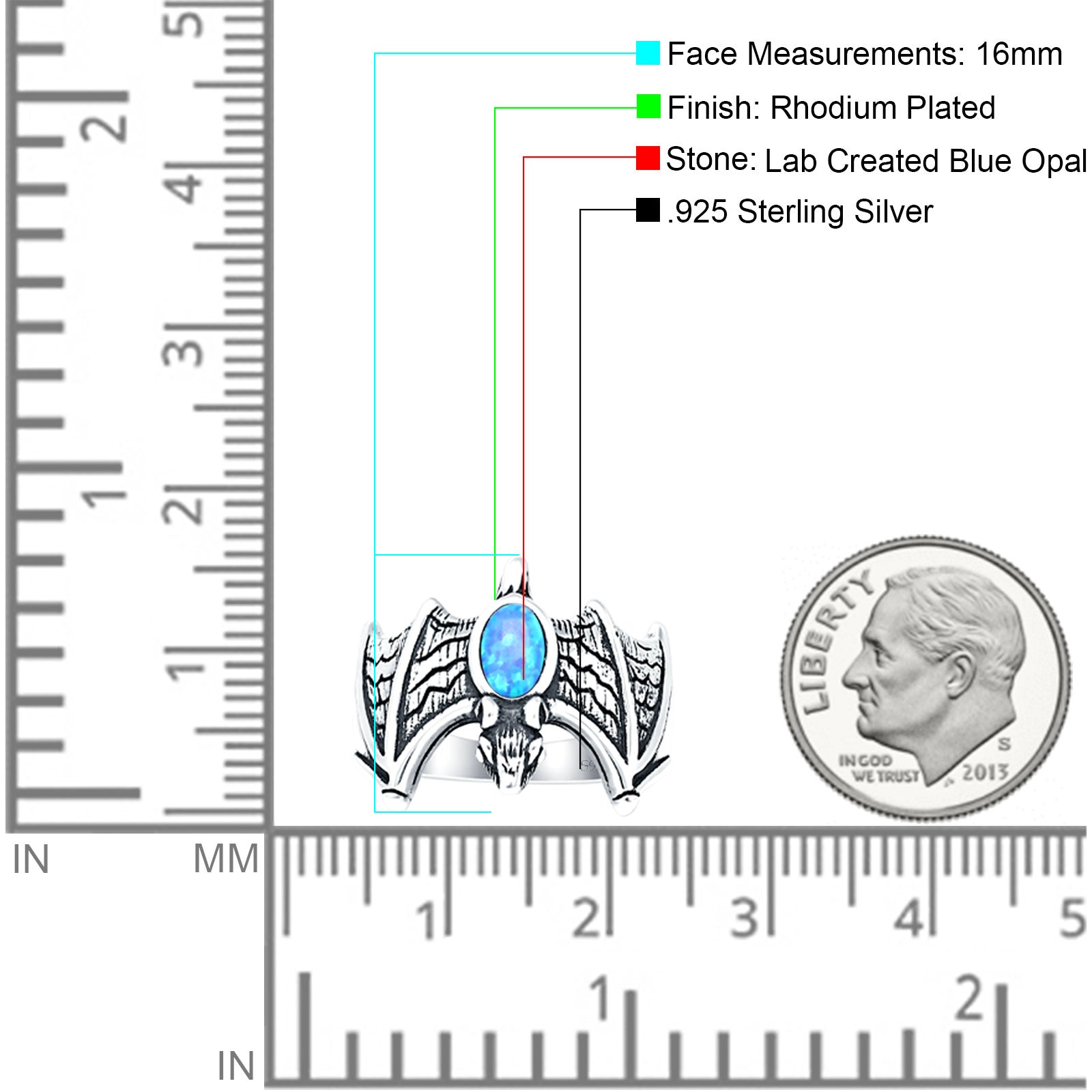 Oval 16mm Lab Created Blue Opal Flying Bat Oxidized Ring 925 Sterling Silver