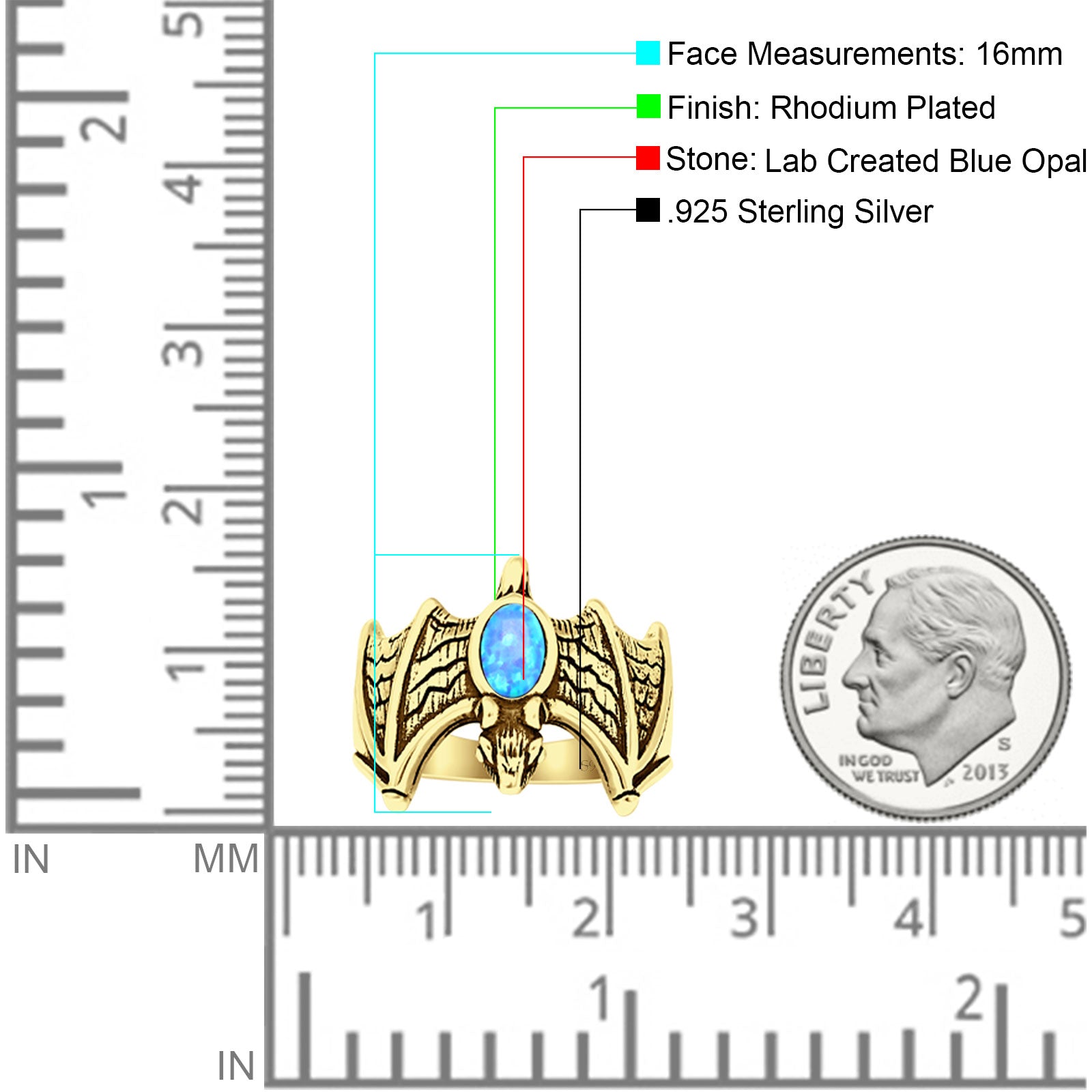 Oval 16mm Lab Created Blue Opal Flying Bat Oxidized Ring 925 Sterling Silver