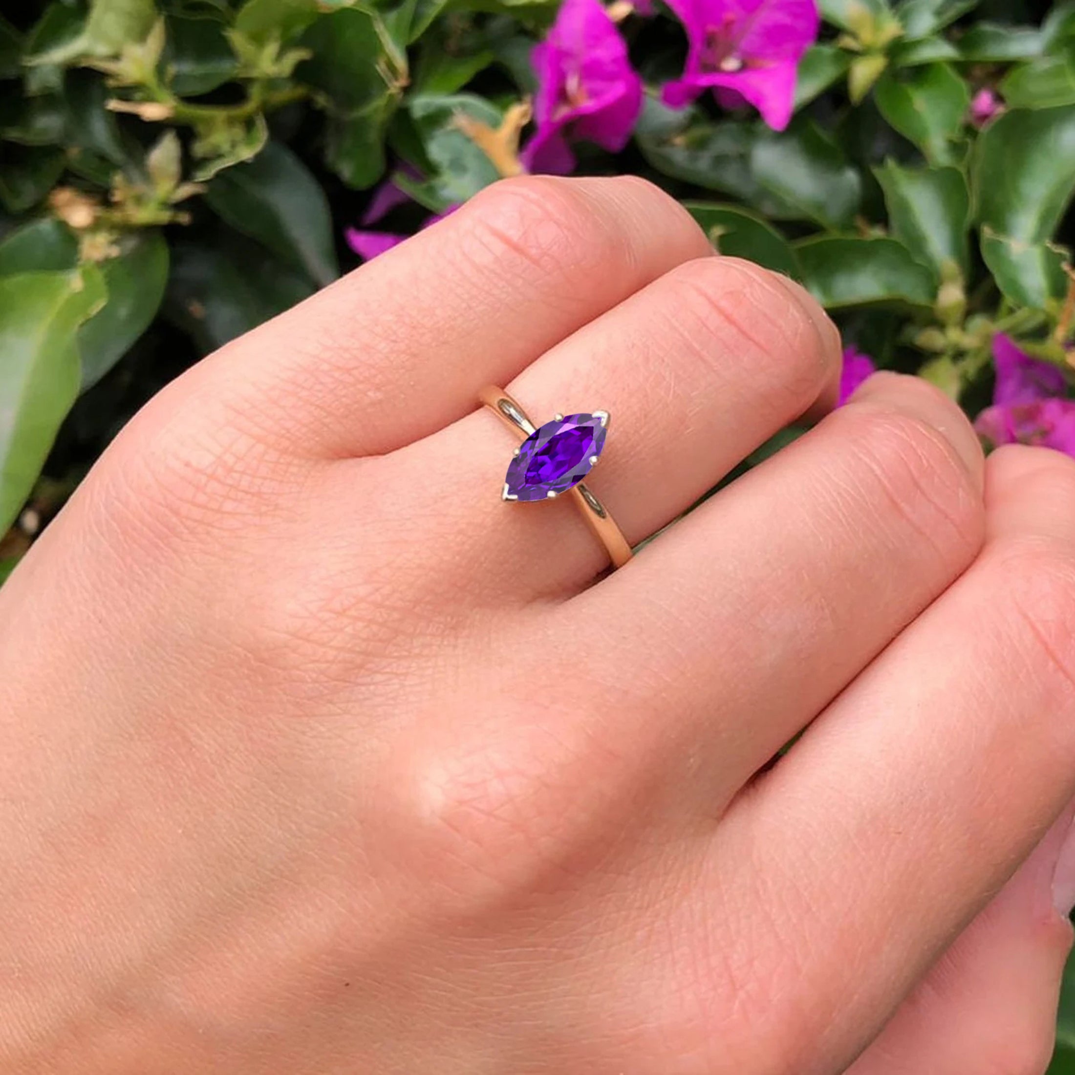 Marquise Amethyst CZ Solitaire Gold Ring