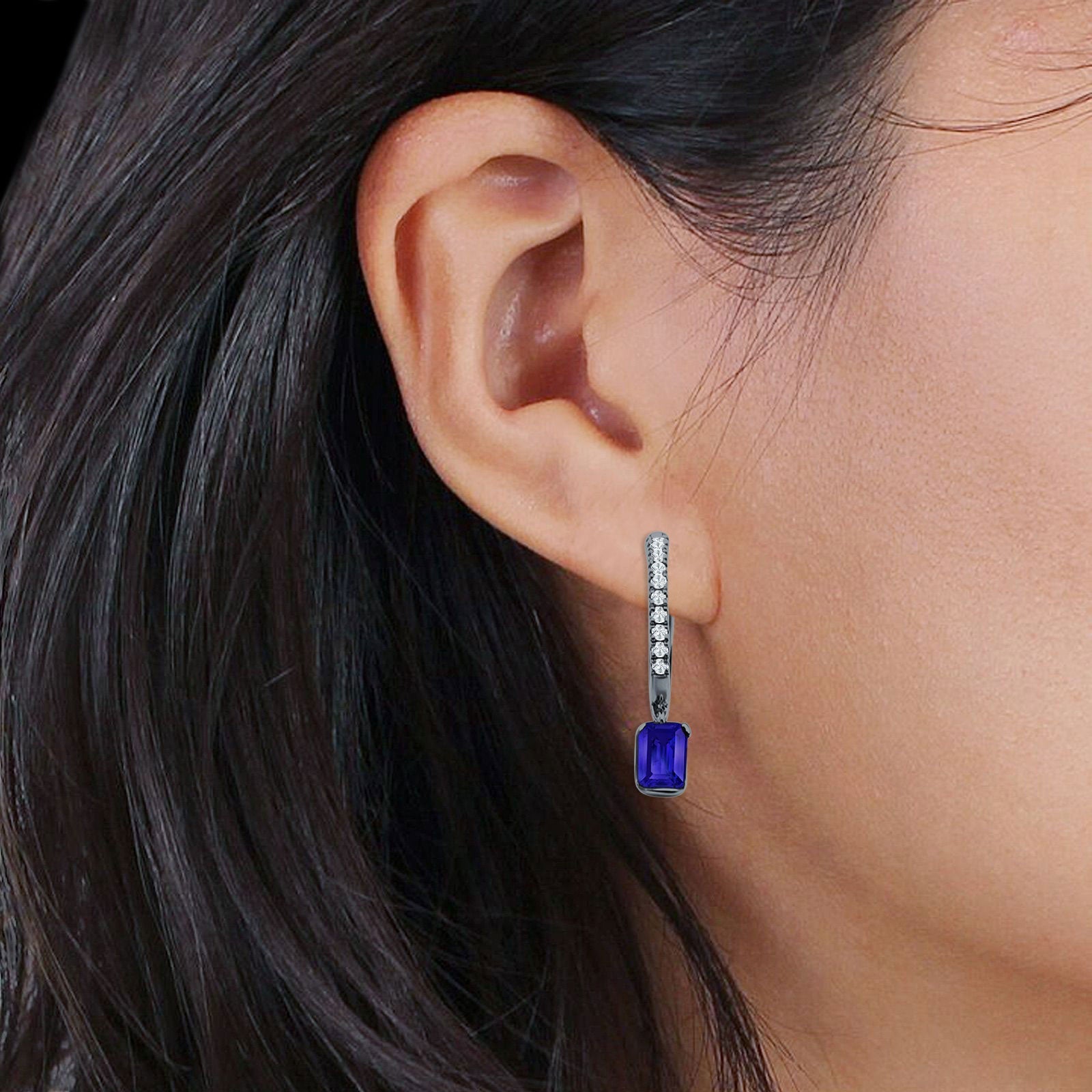 Emerald Cut Drop Dangle Hoop Earring Cubic Zirconia 925 Sterling Silver