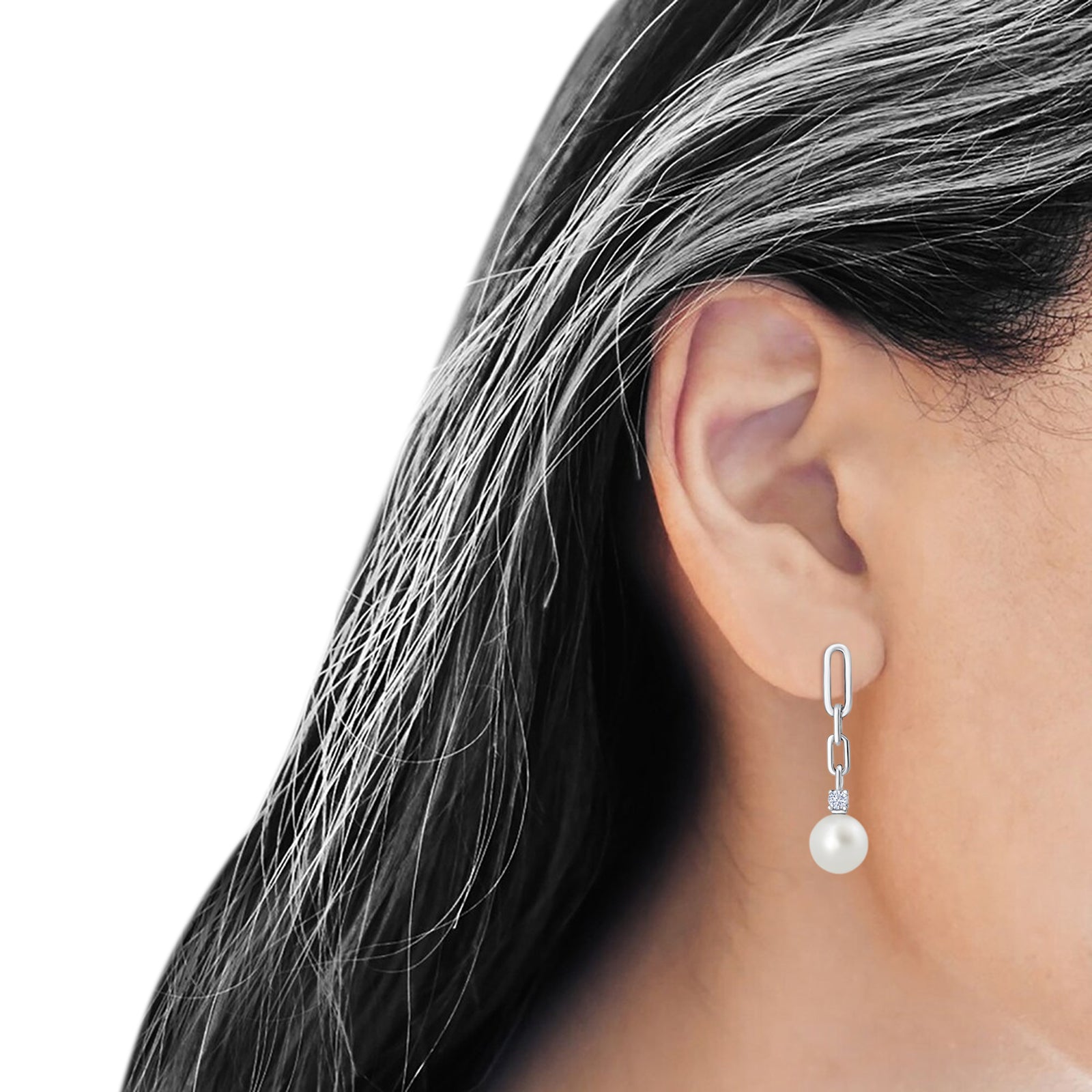 Round Cubic Zirconia & Pearl Paperclip Stud Earrings 925 Sterling Silver