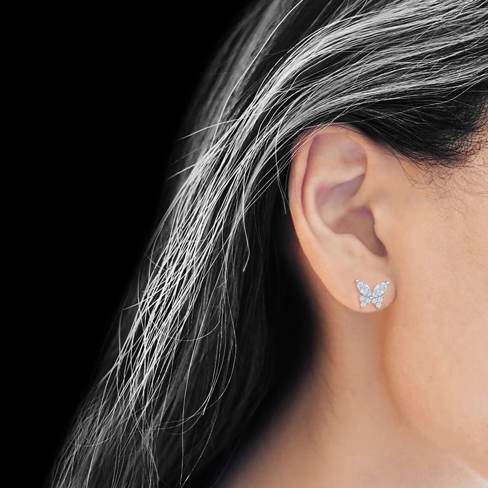 Butterfly Stud Earrings Marquise Cubic Zirconia 925 Sterling Silver