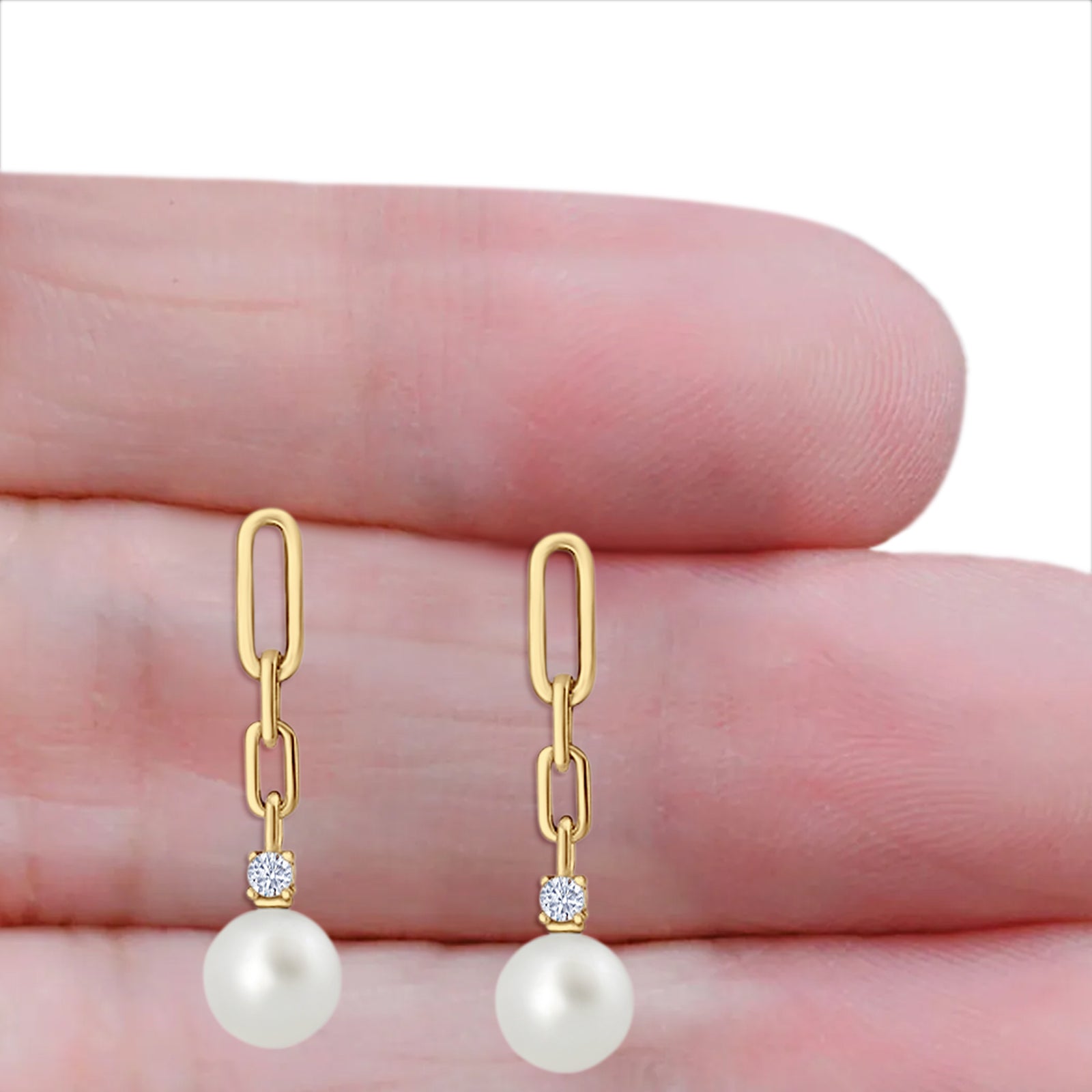 Round Cubic Zirconia & Pearl Paperclip Stud Earrings 925 Sterling Silver
