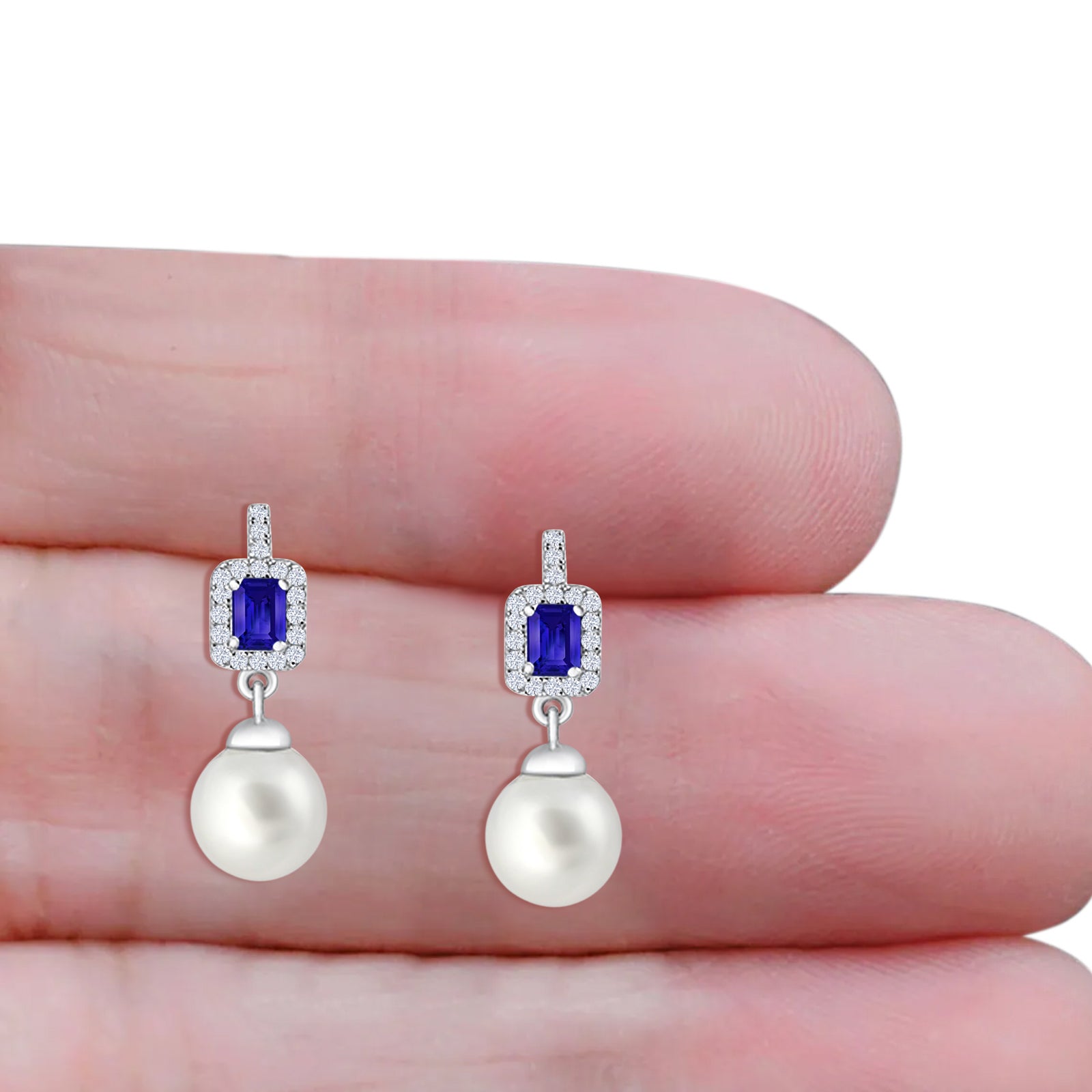 Emerald Cut Blue Cubic Zirconia & Pearl Charm Stud Earrings 925 Sterling Silver