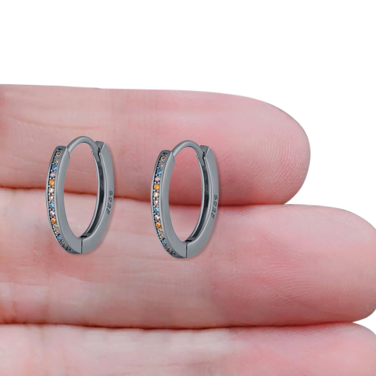 Round 20mm Multicolor Cubic Zirconia Huggie Hoop Earrings 925 Sterling Silver